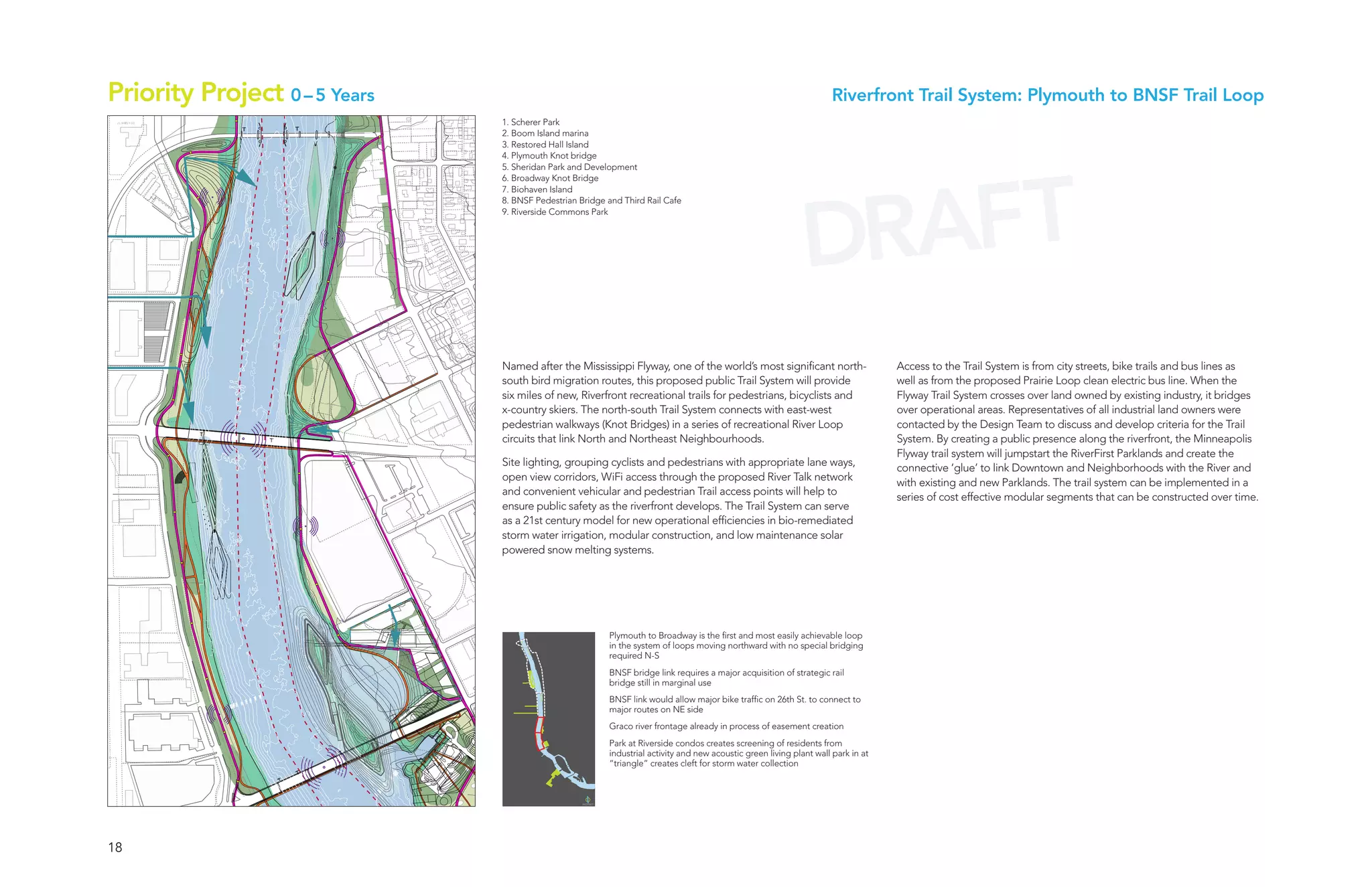 Priority Project 0 – 5 Years                                                                                                                  Riverfront Trail System: Plymouth to BNSF Trail Loop
                                                                                 1. Scherer Park
                                                                                 2. Boom Island marina
       ANIMAL SPECIES




                                                               ANIMAL SPECIES
            Latin Name




                                                                    Latin Name
                                                                                 3. Restored Hall Island
                                                                                 4. Plymouth Knot bridge




                                                                                                                                                                  AFT
 INSECTS                                                 INSECTS                 5. Sheridan Park and Development
                                                                                 6. Broadway Knot Bridge




                                                                                                                                                                DR
                                                                                 7. Biohaven Island
       ANIMAL SPECIES




                                                               ANIMAL SPECIES
            Latin Name




                                                                    Latin Name
                                                                                 8. BNSF Pedestrian Bridge and Third Rail Cafe
                                                                                 9. Riverside Commons Park
       ANIMAL SPECIES




                                                               ANIMAL SPECIES
            Latin Name




                                                                    Latin Name
       ANIMAL SPECIES




                                                               ANIMAL SPECIES
            Latin Name




                                                                    Latin Name
       ANIMAL SPECIES




                                                               ANIMAL SPECIES
            Latin Name




                                                                    Latin Name
       ANIMAL SPECIES




                                                               ANIMAL SPECIES
            Latin Name




                                                                    Latin Name
                                                                                 Named after the Mississippi Flyway, one of the world’s most significant north-                      Access to the Trail System is from city streets, bike trails and bus lines as
                                                                                 south bird migration routes, this proposed public Trail System will provide                         well as from the proposed Prairie Loop clean electric bus line. When the
                                                                                 six miles of new, Riverfront recreational trails for pedestrians, bicyclists and                    Flyway Trail System crosses over land owned by existing industry, it bridges
       ANIMAL SPECIES




                                                               ANIMAL SPECIES
            Latin Name




                                                                    Latin Name
                                                                                 x-country skiers. The north-south Trail System connects with east-west                              over operational areas. Representatives of all industrial land owners were
                                                                                 pedestrian walkways (Knot Bridges) in a series of recreational River Loop                           contacted by the Design Team to discuss and develop criteria for the Trail
                                                                                 circuits that link North and Northeast Neighbourhoods.                                              System. By creating a public presence along the riverfront, the Minneapolis
       ANIMAL SPECIES




                                                               ANIMAL SPECIES
            Latin Name




                                                                    Latin Name
                                                                                                                                                                                     Flyway trail system will jumpstart the RiverFirst Parklands and create the
                                                                                 Site lighting, grouping cyclists and pedestrians with appropriate lane ways,                        connective ‘glue’ to link Downtown and Neighborhoods with the River and
                                                                                 open view corridors, WiFi access through the proposed River Talk network
       ANIMAL SPECIES




                                                               ANIMAL SPECIES
            Latin Name




                                                                    Latin Name
                                                                                                                                                                                     with existing and new Parklands. The trail system can be implemented in a
                                                                                 and convenient vehicular and pedestrian Trail access points will help to                            series of cost effective modular segments that can be constructed over time.
                                                                                 ensure public safety as the riverfront develops. The Trail System can serve
       ANIMAL SPECIES




                                                               ANIMAL SPECIES
            Latin Name




                                                                    Latin Name




                                                                                 as a 21st century model for new operational efficiencies in bio-remediated
  BIRDS                                                   BIRDS
                                                                                 storm water irrigation, modular construction, and low maintenance solar
                                                                                 powered snow melting systems.
       ANIMAL SPECIES




                                                               ANIMAL SPECIES
            Latin Name




                                                                    Latin Name




AMPHIBIANS                                              AMPHIBIANS
       ANIMAL SPECIES




                                                               ANIMAL SPECIES
            Latin Name




                                                                    Latin Name




                                                                                                           Plymouth to Broadway is the first and most easily achievable loop
                                                                                                           in the system of loops moving northward with no special bridging
       ANIMAL SPECIES




                                                               ANIMAL SPECIES
            Latin Name




                                                                    Latin Name




                                                                                                           required N-S

 REPTILES                                                REPTILES
                                                                                                           BNSF bridge link requires a major acquisition of strategic rail
                                                                                                           bridge still in marginal use
       ANIMAL SPECIES




                                                               ANIMAL SPECIES
            Latin Name




                                                                    Latin Name




                                                                                                           BNSF link would allow major bike traffic on 26th St. to connect to
                                                                                                           major routes on NE side
                                                                                                           Graco river frontage already in process of easement creation
       ANIMAL SPECIES




                                                               ANIMAL SPECIES
            Latin Name




                                                                    Latin Name




                                                                                                           Park at Riverside condos creates screening of residents from
                                                                                                           industrial activity and new acoustic green living plant wall park in at
                                                                                                           “triangle” creates cleft for storm water collection
       ANIMAL SPECIES




                                                               ANIMAL SPECIES
            Latin Name




                                                                    Latin Name




MAMMALS                                                 MAMMALS




                         18
 