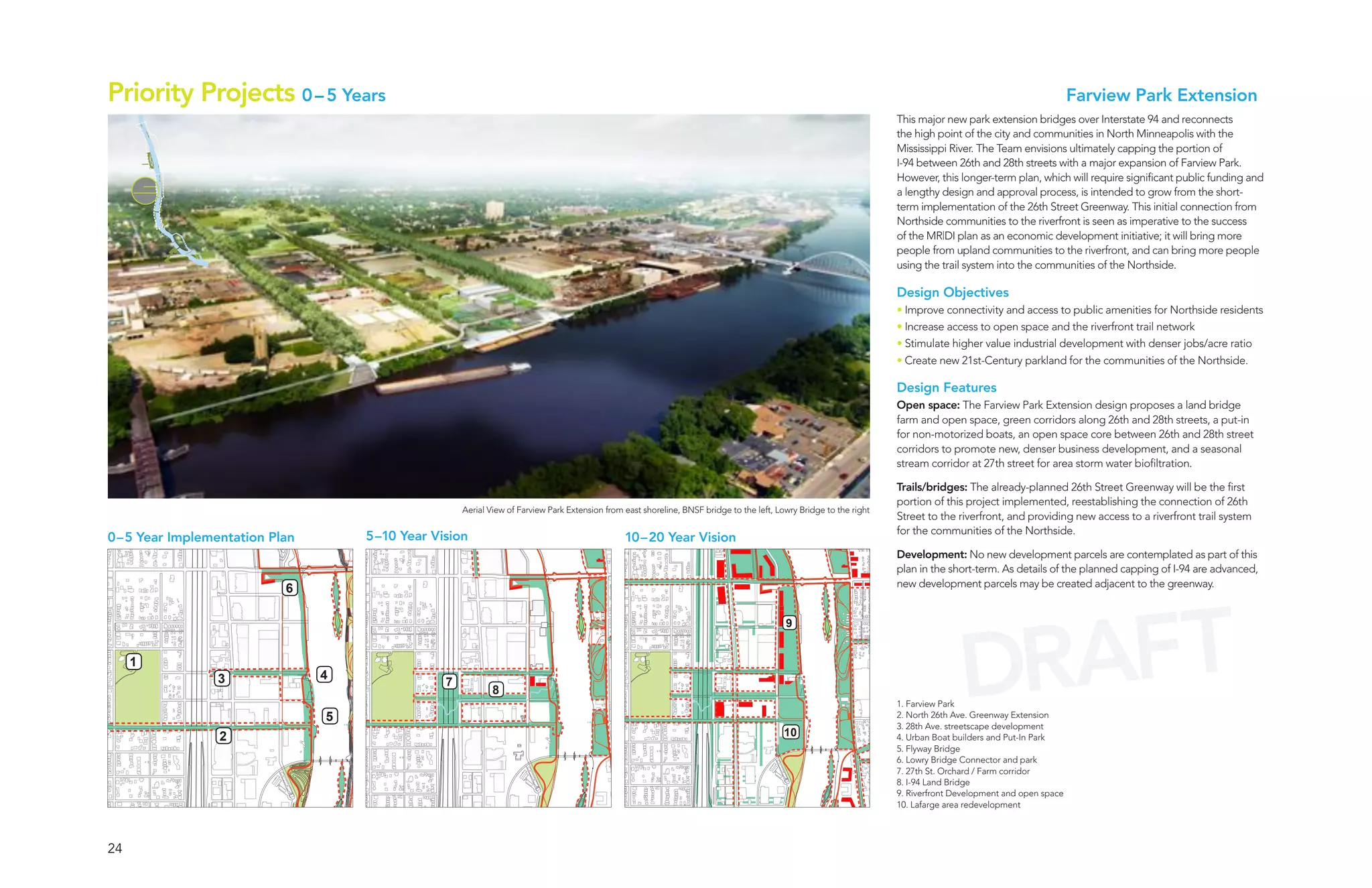 Priority Projects 0 – 5 Years                                                                                                                                                                                 Farview Park Extension
                                                                                                                                                                   This major new park extension bridges over Interstate 94 and reconnects
                                                                                                                                                                   the high point of the city and communities in North Minneapolis with the
                                                                                                                                                                   Mississippi River. The Team envisions ultimately capping the portion of
                                                                                                                                                                   I-94 between 26th and 28th streets with a major expansion of Farview Park.
                                                                                                                                                                   However, this longer-term plan, which will require significant public funding and
                                                                                                                                                                   a lengthy design and approval process, is intended to grow from the short-
                                                                                                                                                                   term implementation of the 26th Street Greenway. This initial connection from
                                                                                                                                                                   Northside communities to the riverfront is seen as imperative to the success
                                                                                                                                                                   of the MR|DI plan as an economic development initiative; it will bring more
                                                                                                                                                                   people from upland communities to the riverfront, and can bring more people
                                                                                                                                                                   using the trail system into the communities of the Northside.

                                                                                                                                                                   Design Objectives
                                                                                                                                                                   • Improve connectivity and access to public amenities for Northside residents
                                                                                                                                                                   • Increase access to open space and the riverfront trail network
                                                                                                                                                                   • Stimulate higher value industrial development with denser jobs/acre ratio
                                                                                                                                                                   • Create new 21st-Century parkland for the communities of the Northside.

                                                                                                                                                                   Design Features
                                                                                                                                                                   Open space: The Farview Park Extension design proposes a land bridge
                                                                                                                                                                   farm and open space, green corridors along 26th and 28th streets, a put-in
                                                                                                                                                                   for non-motorized boats, an open space core between 26th and 28th street
                                                                                                                                                                   corridors to promote new, denser business development, and a seasonal
                                                                                                                                                                   stream corridor at 27th street for area storm water biofiltration.

                                                                                                                                                                   Trails/bridges: The already-planned 26th Street Greenway will be the first
                                                                                                                                                                   portion of this project implemented, reestablishing the connection of 26th
                                                   Aerial View of Farview Park Extension from east shoreline, BNSF bridge to the left, Lowry Bridge to the right
                                                                                                                                                                   Street to the riverfront, and providing new access to a riverfront trail system
                                                                                                                                                                   for the communities of the Northside.
0–5 Year Implementation Plan       5–10 Year Vision                                           10–20 Year Vision
                                                                                                                                                                   Development: No new development parcels are contemplated as part of this
                                                                                                                                                                   plan in the short-term. As details of the planned capping of I-94 are advanced,
                          6                                                                                                                                        new development parcels may be created adjacent to the greenway.




                                                                                                                                                                                  DRAFT
                                                                                                                                         9


     1
                3              4
                                               7
                                                           8
                                                                                                                                                                   1. Farview Park
                               5                                                                                                                                   2. North 26th Ave. Greenway Extension
                                                                                                                                                                   3. 28th Ave. streetscape development
                2                                                                                                                        10                        4. Urban Boat builders and Put-In Park
                                                                                                                                                                   5. Flyway Bridge
                                                                                                                                                                   6. Lowry Bridge Connector and park
                                                                                                                                                                   7. 27th St. Orchard / Farm corridor
                                                                                                                                                                   8. I-94 Land Bridge
                                                                                                                                                                   9. Riverfront Development and open space
                                                                                                                                                                   10. Lafarge area redevelopment




24
 