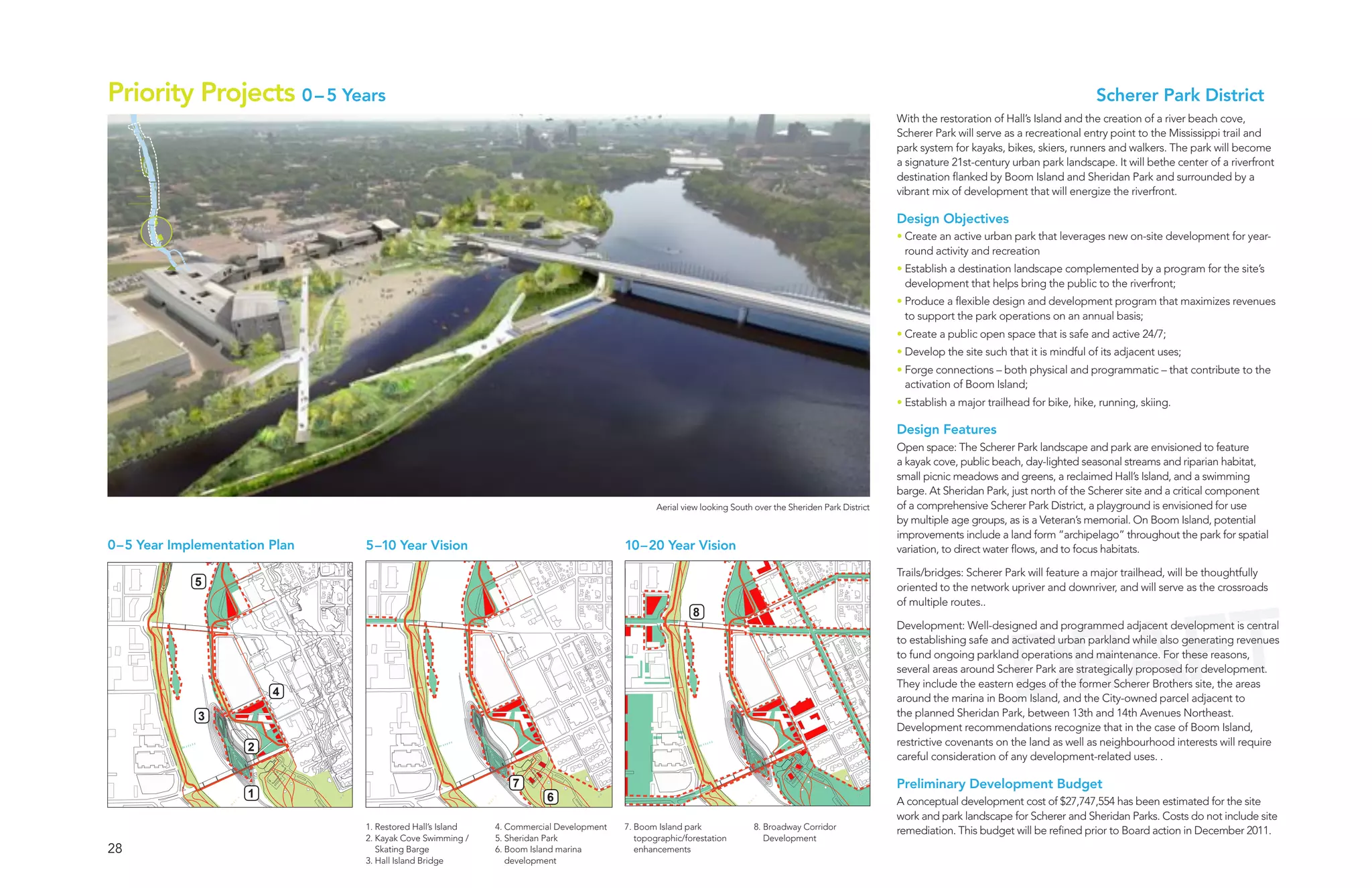Priority Projects 0 – 5 Years                                                                                                                                                                           Scherer Park District
                                                                                                                                                           With the restoration of Hall’s Island and the creation of a river beach cove,
                                                                                                                                                           Scherer Park will serve as a recreational entry point to the Mississippi trail and
                                                                                                                                                           park system for kayaks, bikes, skiers, runners and walkers. The park will become
                                                                                                                                                           a signature 21st-century urban park landscape. It will bethe center of a riverfront
                                                                                                                                                           destination flanked by Boom Island and Sheridan Park and surrounded by a
                                                                                                                                                           vibrant mix of development that will energize the riverfront.

                                                                                                                                                           Design Objectives
                                                                                                                                                           • Create an active urban park that leverages new on-site development for year-
                                                                                                                                                             round activity and recreation
                                                                                                                                                           • Establish a destination landscape complemented by a program for the site’s
                                                                                                                                                             development that helps bring the public to the riverfront;
                                                                                                                                                           • Produce a flexible design and development program that maximizes revenues
                                                                                                                                                             to support the park operations on an annual basis;
                                                                                                                                                           • Create a public open space that is safe and active 24/7;
                                                                                                                                                           • Develop the site such that it is mindful of its adjacent uses;
                                                                                                                                                           • Forge connections – both physical and programmatic – that contribute to the
                                                                                                                                                             activation of Boom Island;
                                                                                                                                                           • Establish a major trailhead for bike, hike, running, skiing.

                                                                                                                                                           Design Features
                                                                                                                                                           Open space: The Scherer Park landscape and park are envisioned to feature
                                                                                                                                                           a kayak cove, public beach, day-lighted seasonal streams and riparian habitat,
                                                                                                                                                           small picnic meadows and greens, a reclaimed Hall’s Island, and a swimming
                                                                                                                                                           barge. At Sheridan Park, just north of the Scherer site and a critical component
                                                                                               Aerial view looking South over the Sheriden Park District   of a comprehensive Scherer Park District, a playground is envisioned for use
                                                                                                                                                           by multiple age groups, as is a Veteran’s memorial. On Boom Island, potential
                                                                                                                                                           improvements include a land form “archipelago” throughout the park for spatial
0–5 Year Implementation Plan   5–10 Year Vision                                        10–20 Year Vision                                                   variation, to direct water flows, and to focus habitats.

                                                                                                                                                           Trails/bridges: Scherer Park will feature a major trailhead, will be thoughtfully
             5                                                                                                                                             oriented to the network upriver and downriver, and will serve as the crossroads




                                                                                                                                                                                      AFT
                                                                                                                                                           of multiple routes..
                                                                                                        8




                                                                                                                                                                                    DR
                                                                                                                                                           Development: Well-designed and programmed adjacent development is central
                                                                                                                                                           to establishing safe and activated urban parkland while also generating revenues
                                                                                                                                                           to fund ongoing parkland operations and maintenance. For these reasons,
                                                                                                                                                           several areas around Scherer Park are strategically proposed for development.
                                                                                                                                                           They include the eastern edges of the former Scherer Brothers site, the areas
                        4
                                                                                                                                                           around the marina in Boom Island, and the City-owned parcel adjacent to
             3                                                                                                                                             the planned Sheridan Park, between 13th and 14th Avenues Northeast.
                                                                                                                                                           Development recommendations recognize that in the case of Boom Island,
                    2                                                                                                                                      restrictive covenants on the land as well as neighbourhood interests will require
                                                                                                                                                           careful consideration of any development-related uses. .

                                                              7                                                                                            Preliminary Development Budget
                    1                                                 6                                                                                    A conceptual development cost of $27,747,554 has been estimated for the site
                                                                                                                                                           work and park landscape for Scherer and Sheridan Parks. Costs do not include site
                               1. Restored Hall’s Island   4. Commercial Development   7. Boom Island park               8. Broadway Corridor              remediation. This budget will be refined prior to Board action in December 2011.
                               2. Kayak Cove Swimming /    5. Sheridan Park               topographic/forestation           Development
28                                Skating Barge            6. Boom Island marina          enhancements
                               3. Hall Island Bridge          development
 