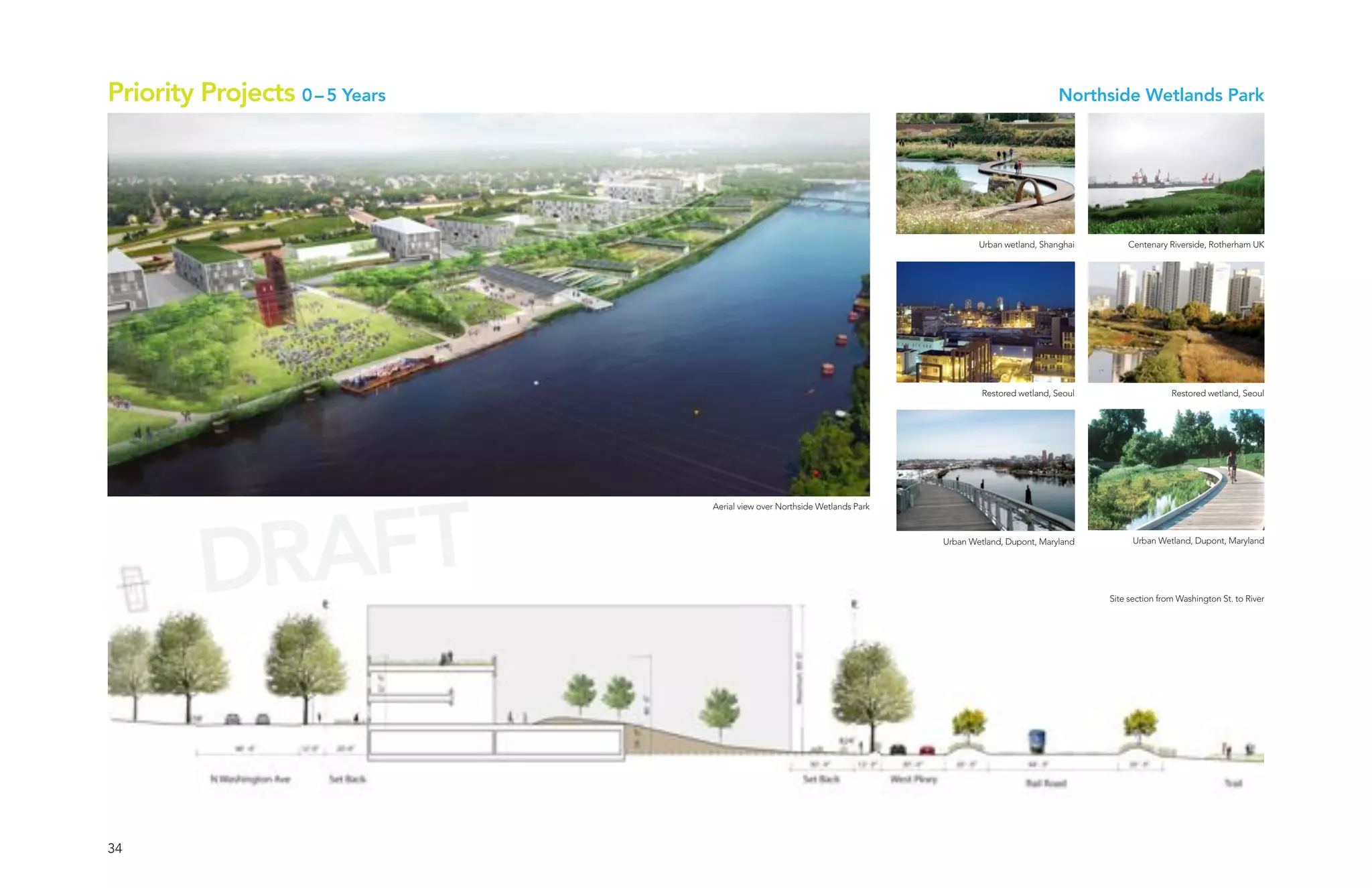 Priority Projects 0 – 5 Years                                                                         Northside Wetlands Park




                                                                                   Urban wetland, Shanghai        Centenary Riverside, Rotherham UK




                                                                                    Restored wetland, Seoul                   Restored wetland, Seoul




           AFT
                                Aerial view over Northside Wetlands Park




         DR
                                                                           Urban Wetland, Dupont, Maryland          Urban Wetland, Dupont, Maryland




                                                                                                              Site section from Washington St. to River




34
 