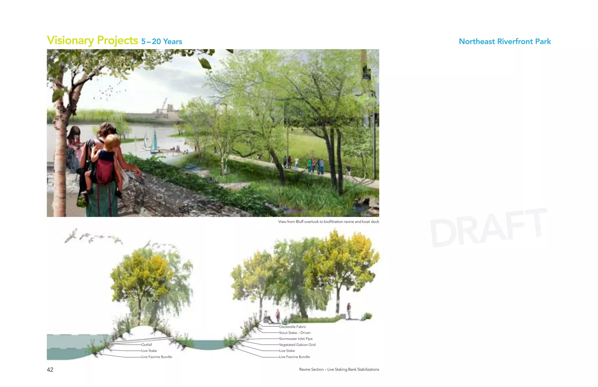 Visionary Projects 5 – 20 Years                                                                              Northeast Riverfront Park




                                                                                                            DRAFT
                                           View from Bluff overlook to biofiltration ravine and boat dock




                                           Geotextile Fabric
                                           Stout Stake – Driven
                                           Stormwater Inlet Pipe
                     Outfall               Vegetated Gabion Grid
                     Live Stake            Live Stake
                     Live Fascine Bundle   Live Fascine Bundle


42                                                      Ravine Section – Live Staking Bank Stabilizations
 