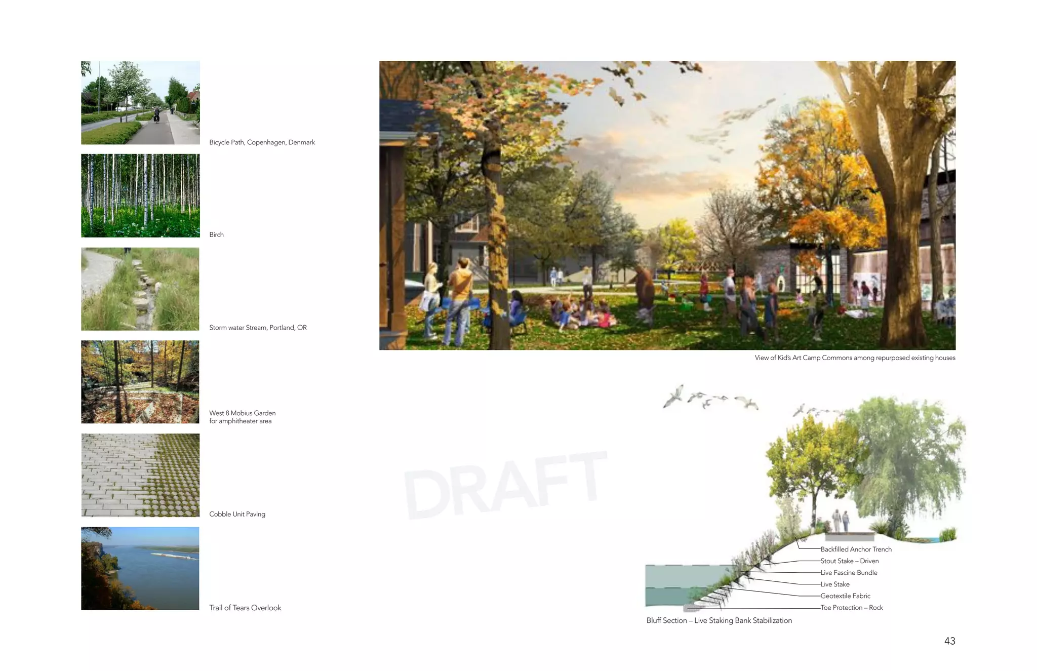 Bicycle Path, Copenhagen, Denmark




Birch




Storm water Stream, Portland, OR



                                                                              View of Kid’s Art Camp Commons among repurposed existing houses




West 8 Mobius Garden
for amphitheater area




Cobble Unit Paving
                                    DRAFT
                                                                                                  Backfilled Anchor Trench
                                                                                                  Stout Stake – Driven
                                                                                                  Live Fascine Bundle
                                                                                                  Live Stake
                                                                                                  Geotextile Fabric
Trail of Tears Overlook                                                                           Toe Protection – Rock
                                            Bluff Section – Live Staking Bank Stabilization

                                                                                                                                         43
 