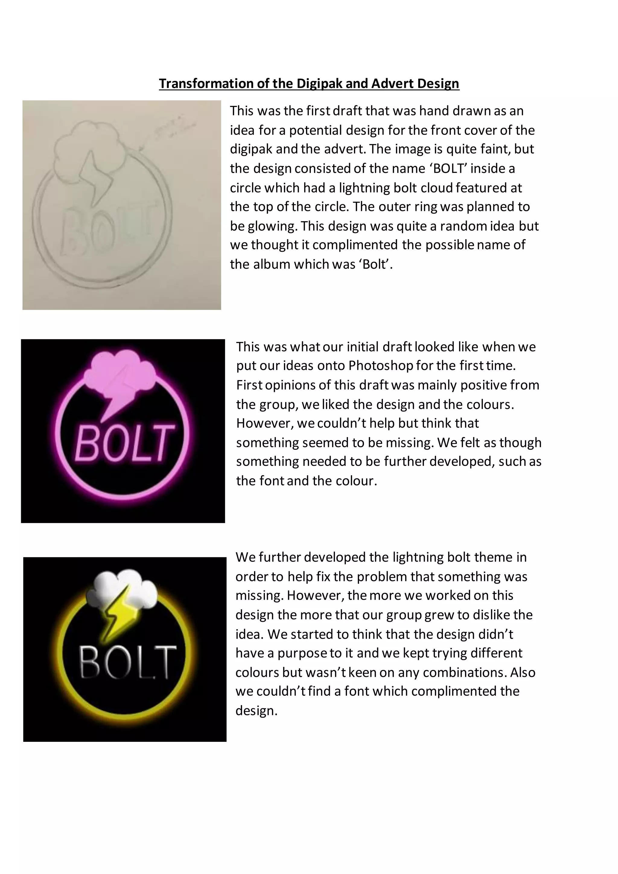 Transformation of the Digipak and Advert Design
This was the firstdraft that was hand drawn as an
idea for a potential design for the front cover of the
digipak and the advert. The image is quite faint, but
the design consisted of the name ‘BOLT’ inside a
circle which had a lightning bolt cloud featured at
the top of the circle. The outer ring was planned to
be glowing. This design was quite a random idea but
we thought it complimented the possiblename of
the album which was ‘Bolt’.
This was whatour initial draftlooked like when we
put our ideas onto Photoshop for the firsttime.
Firstopinions of this draftwas mainly positive from
the group, weliked the design and the colours.
However, wecouldn’t help but think that
something seemed to be missing. We felt as though
something needed to be further developed, such as
the fontand the colour.
We further developed the lightning bolt theme in
order to help fix the problem that something was
missing. However, themore we worked on this
design the more that our group grew to dislike the
idea. We started to think that the design didn’t
have a purposeto it and we kept trying different
colours but wasn’tkeen on any combinations. Also
we couldn’tfind a font which complimented the
design.