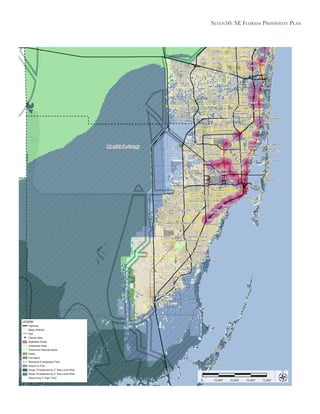 Seven50: Se Florida ProSPerity Plan
18,000’ 36,000’ 54,000’ 72,000’0
Miami-Dade County
LEGEND
Highway
Major Arterial
Rail
Transit Stop
Walkable Areas
Urbanized Area
Preserved Natural Areas
Parks
Farmland
Restored Everglades Flow
Airport or Port
Areas Threatened by 2’ Sea Level Rise
Areas Threatened by 2’ Sea Level Rise
(Assuming 3’ High Tide)
 