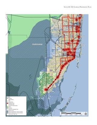 Seven50: Se Florida ProSPerity Plan
18,000’ 36,000’ 54,000’ 72,000’0
Miami-Dade County
LEGEND
Highway
Major Arterial
Rail
Transit Stop
Walkable Areas
Urbanized Area
Preserved Natural Areas
Parks
Farmland
Restored Everglades Flow
Airport or Port
Areas Threatened by 2’ Sea Level Rise
Areas Threatened by 2’ Sea Level Rise
(Assuming 3’ High Tide)
 