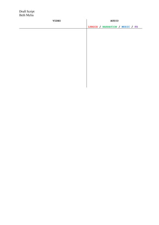 Draft Script
Beth Melia
               VIDEO                AUDIO

                       LYRICS / NARRATION / MUSIC / FX
 