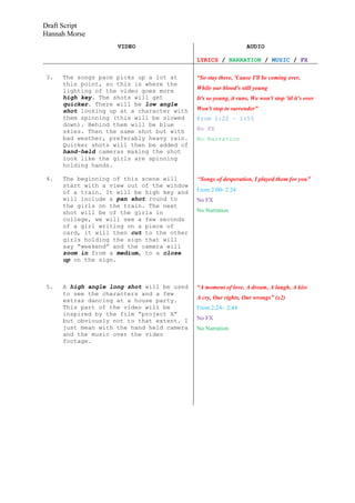 Draft Script
Hannah Morse
                    VIDEO                                        AUDIO

                                           LYRICS / NARRATION / MUSIC / FX

3.   The songs pace picks up a lot at      “So stay there, 'Cause I'll be coming over,
     this point, so this is where the
     lighting of the video goes more       While our blood's still young
     high key. The shots will get          It's so young, it runs, We won't stop 'til it's over
     quicker. There will be low angle
     shot looking up at a character with   Won't stop to surrender”
     them spinning (this will be slowed    From 1:22 – 1:55
     down). Behind them will be blue
     skies. Then the same shot but with    No FX
     bad weather, preferably heavy rain.   No Narration
     Quicker shots will then be added of
     hand-held cameras making the shot
     look like the girls are spinning
     holding hands.

4.   The beginning of this scene will      “Songs of desperation, I played them for you”
     start with a view out of the window
     of a train. It will be high key and   From 2:00- 2:24
     will include a pan shot round to      No FX
     the girls on the train. The next
     shot will be of the girls in          No Narration
     college, we will see a few seconds
     of a girl writing on a piece of
     card, it will then cut to the other
     girls holding the sign that will
     say “weekend” and the camera will
     zoom in from a medium, to a close
     up on the sign.



5.   A high angle long shot will be used   “A moment of love, A dream, A laugh, A kiss
     to see the characters and a few
     extras dancing at a house party.      A cry, Our rights, Our wrongs” (x2)
     This part of the video will be        From 2:24- 2:44
     inspired by the film “project X”
     but obviously not to that extent. I   No FX
     just mean with the hand held camera   No Narration
     and the music over the video
     footage.
 