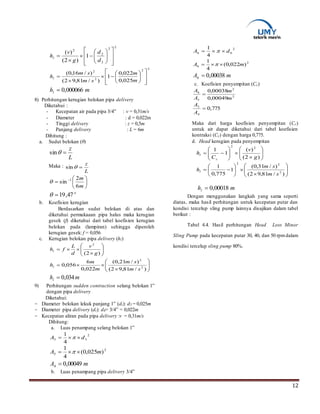 12
22
3
2
2
1
)2(
)(

















d
d
g
v
hl
22
2
2
025,0
022,0
1
)/81,92(
)/16,0(

















m
m
sm
sm
hl
mhl 000066,0
8) Perhitungan kerugian belokan pipa delivery
Diketahui :
- Kecepatan air pada pipa 3/4” : v = 0,31m/s
- Diameter : d = 0,022m
- Tinggi delivery : z = 0,5m
- Panjang delivery : L = 6m
Dihitung :
a. Sudut belokan (θ)
L
z
sin
Maka :
L
z
sin






 
m
m
6
2
sin 1

o
47,19
b. Koefisien kerugian
Berdasarkan sudut belokan di atas dan
diketahui permukaaan pipa halus maka kerugian
gesek (f) diketahui dari tabel koefisien kerugian
belokan pada (lampiran) sehingga diperoleh
kerugian gesek: f = 0,056
c. Kerugian belokan pipa delivery (hl)








)2(
2
g
v
d
L
fhl








)/81,92(
)/21,0(
022,0
6
056,0 2
2
sm
sm
m
m
hl
mhl 034,0
9) Perhitungan sudden contraction selang belokan 1”
dengan pipa delivery
Diketahui:
- Diameter belokan lekuk panjang 1” (di): d5 = 0,025m
- Diameter pipa delivery (di): d6= 3/4” = 0,022m
- Kecepatan aliran pada pipa delivery :v = 0,31m/s
Dihitung:
a. Luas penampang selang belokan 1”
2
55
4
1
dA  
2
5 )025,0(
4
1
mA  
mA 00049,04 
b. Luas penampang pipa delivery 3/4”
2
66
4
1
dA  
2
6 )022,0(
4
1
mA  
mA 00038,06 
c. Koefisien penyempitan (Cc)
2
2
5
6
00049,0
00038,0
m
m
A
A

775,0
4
5

A
A
Maka dari harga koefisien penyempitan (Cc)
untuk air dapat diketahui dari tabel koefisien
kontraksi (Cc) dengan harga 0,775.
d. Head kerugian pada penyempitan














)2(
)(
1
1 22
g
v
C
h
c
l














)/81,92(
)/31,0(
1
775,0
1
2
22
sm
sm
hl
mhl 00018,0
Dengan menggunakan langkah yang sama seperti
diatas, maka hasil perhitungan untuk kecepatan putar dan
kondisi tercelup sling pump lainnya disajikan dalam tabel
berikut :
Tabel 4.4. Hasil perhitungan Head Loss Minor
Sling Pump pada kecepatan putar 30, 40, dan 50 rpmdalam
kondisi tercelup sling pump 80%.
 