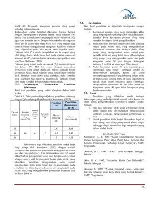 15
Grafik 4.2. Pengaruh kecepatan putaran sling pump
terhadap tekanan masuk.
Berdasarkan grafik tersebut diketahui bahwa Seiring
dengan meningkatnya putaran (rpm), maka tekanan sisi
masuk (P1) dan tekanan yang terjadi pada sisi masuk (P2)
juga akan semakin besar. Dengan bertambahnya kecepatan
aliran air di dalam pipa maka head loss yang terjadi juga
semakin besar sehingga untuk mengatasi head loss tekanan
yang diperlukan pada sisi masuk akan semakin besar.
Tekanan inlet (P1) untuk mengalirkan air ke tempat yang
lebih tinggi harus lebih besar dari pada tekanan pada sisi
keluaran air (P3), karena harus melawan gaya grafitasi dan
head loss (Rakhman, 2009).
Tekanan yang terjadi pada sisi masuk (P1) berbeda dengan
sisi keluar (P3). Hal ini sesuai dengan persamaan
Bernaoulli yang dapat dijelaskan bahwa semakin besar
kecepatan fluida, maka tekanan yang terjadi akan semakin
kecil. Semakin besar debit yang dialirkan, maka semakin
kecil koefisien rugi-ruginya, dikarenakan semakin besar
debit maka semakin besar pula kecepatan fluida.
4.5.3. Perbandingan Berdasarkan Penelitian
Sebelumnya
Hasil dari penelitian yang terkait disajikan dalam tabel
berikut:
Tabel 4.6. Tabel perbandingan Qaktual penelitian sekarang
dengan Qaktual yang dihasilkan oleh Kurniawan (2015).
Putaran
(rpm)
Kondisi
terecelup
sling
pump (%)
panjang
pipa
delivery
(Ld)
(m)
Ketinggian
delivery
(m)
Penelitian
ini
Penelitian
(Kurniawan,
2015)
Qaktual
(liter/me
nit)
Qaktual
(liter/menit)
30
80 6 2
3,63 3,68
40 6,3 3,47
50 7 0,73
Sebelumnya juga dilakukan penelitian unjuk kerja
sling pump oleh Kurniawan (2015) dengan variasi
kecepatan dan persentase pencelupan menggunakan water
mur dan tinggi delivery 2 m. Berdasarkan tabel 4.7 dapat
dilihat bahwa penggantian water mur dengan water swivel
sebagai rotary seal berpengaruh besar pada debit yang
dihasilkan, penelitian menggunakan water swivel
menghasilkan debit lebih besar hal ini disebabkan pada
penelitian ini tidak dapat kebocoran air yang terjadi pada
rotary seal, yang mengakibatkan penurunan tekannan dan
kecilnya debit air.
5.1. Kesimpulan
Dari hasil penelitian ini diperoleh kesimpulan sebagai
berikut:
1. Kecepatan putaran sling pump merupakan faktor
yang berpengaruh terhadap debit yang dihasilkan.
Semakin besar kecepatan putaran sling pump
semakin besar pula debit yang dihasilkan.
2. pada penelitian ini tidak dapat kebocoran air yang
terjadi pada rotary seal, yang mengakibatkan
penurunan tekannan dan kecilnya debit. Sling
pump yang menggunakan water swivel joint
memiliki debit air yang lebih besar dibandingkan
sling pump yang menggunakan water mur pada
kecepatan putar 50 rpm dengan ketinggian
delivery 2 m debit air mencapai 7 liter/menit.
3. Pada kecepatan putar 50 rpm memiliki gaya
sentrifugal yang besar sehingga kondisi ini
menyebabkan kerugian, karena air dalam
penampungan banyak yang terbuang keluar ketika
air masuk pada corong inlet, air tidak sepenuhnya
masuk akan tetapi besarnya gaya sentrifugal
menyebabkan muntahan air dari inlet, untuk itu
kecepatan putar 40 rpm dalah kecepatan yang
derekomendasikan.
5.2. Saran
Penelitian yang dilakukan masih terdapat
kekurangan yang perlu diperbaiki kembali, oleh karena itu
saran untuk pengembangan selanjutnya adalah sebagai
berikut:
1. Bila ada penelitian lebih lanjut diharapkan untuk
aliran dalam pipa disimulasikan menggunakan
software sehingga menggunakan perhitungan 2
fasa.
2. Untuk penelitian lebih lanjut diharapkan dapat di
buat ulang versi sling pump untuk aliran sungai
sehingga dapat bermanfaat bagi masyarakat yang
belum dialiri listrik.
DAFTAR PUSTAKA
Kurniawan D. E. 2015, “Kajian Eksperimental Pengaruh
Variasi Kecepatan Putar Sling Pump Jenis Kerucut Dan
Kondisi Pencelupan Terhadap Unjuk Kerjanya”, UMY,
Yogyakarta
Giancoli, D. C. 1996. “Fisika”. Edisi Keempat. Erlangga.
Jakarta.
Giles, R. V., 1997, “Mekanika Fluida Dan Hidarulika”,
Jakarta, Erlangga
Ginanjar, E,. 2009, “Analisa pengaruh variasi ketinggian
dilevery terhadap unjuk kerja sling pump bentuk kerucut”,
UMY, Yogyakarta.
 