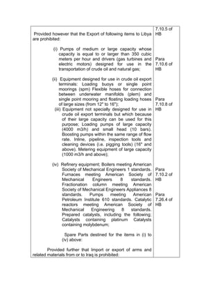 Provided however that the Export of following items to Libya
are prohibited:
(i) Pumps of medium or large capacity whose
capacity is equal to or larger than 350 cubic
meters per hour and drivers (gas turbines and
electric motors) designed for use in the
transportation of crude oil and natural gas;
(ii) Equipment designed for use in crude oil export
terminals: Loading buoys or single point
moorings (spm) Flexible hoses for connection
between underwater manifolds (plem) and
single point mooring and floating loading hoses
of large sizes (from 12" to 16");
(iii) Equipment not specially designed for use in
crude oil export terminals but which because
of their large capacity can be used for this
purpose; Loading pumps of large capacity
(4000 m3/h) and small head (10 bars).
Boosting pumps within the same range of flow
rate. Inline, pipeline, inspection tools and
cleaning devices (i.e. pigging tools) (16" and
above). Metering equipment of large capacity
(1000 m3/h and above);
(iv) Refinery equipment; Boilers meeting American
Society of Mechanical Engineers 1 standards.
Furnaces meeting American Society of
Mechanical Engineers 8 standards.
Fractionation column meeting American
Society of Mechanical Engineers Appliances 8
standards. Pumps meeting American
Petroleum Institute 610 standards. Catalytic
reactors meeting American Society of
Mechanical Engineering 8 standards.
Prepared catalysts, including the following;
Catalysts containing platinum Catalysts
containing molybdenum;
Spare Parts destined for the items in (i) to
(iv) above:
Provided further that Import or export of arms and
related materials from or to Iraq is prohibited:
7.10.5 of
HB
Para
7.10.6 of
HB
Para
7.10.8 of
HB
Para
7.10.2 of
HB
Para
7.26.4 of
HB
 