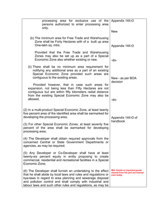 processing area for exclusive use of the
persons authorized to enter processing area
only.
(b) The minimum area for Free Trade and Warehousing
Zone shall be Forty Hectares with of a built up area
One-lakh sq. mtrs.
Provided that the Free Trade and Warehousing
Zones may also be set up as a part of a Special
Economic Zone also whether existing or new.
(ii) There shall be no minimum area requirement for
notifying any additional area as a part of an existing
Special Economic Zone provided such areas are
contiguous to the existing areas.
Provided however, that in case such areas for
expansion, not being less than Fifty Hectares are not
contiguous but are within fifty kilometers radial distance
from the existing Special Economic Zone may also be
allowed,
(2) In a multi-product Special Economic Zone, at least twenty
five percent area of the identified area shall be earmarked for
developing the processing area;
(3) For other Special Economic Zones, at least seventy five
percent of the area shall be earmarked for developing
processing area;
(4) The Developer shall obtain required approvals from the
concerned Central or State Government Departments or
agencies, as may be required;
(5) Any Developer or Co-Developer shall have at least
twenty-six percent equity in entity proposing to create
commercial, residential and recreational facilities in a Special
Economic Zone;
(6) The Developer shall furnish an undertaking to the effect
that he shall abide by local laws and rules and regulations or
bye-laws in regard to area planning and sewerage disposal
and pollution control and shall comply with industrial and
labour laws and such other rules and regulations, as may be
Appendix 14II-O
New
Appendix 14II-O
-do-
New - as per BOA
decision
-do-
Appendix 14II-O of
handbook
Mfd. Goods or imported goods
cleared from the port are exempt
even today
 