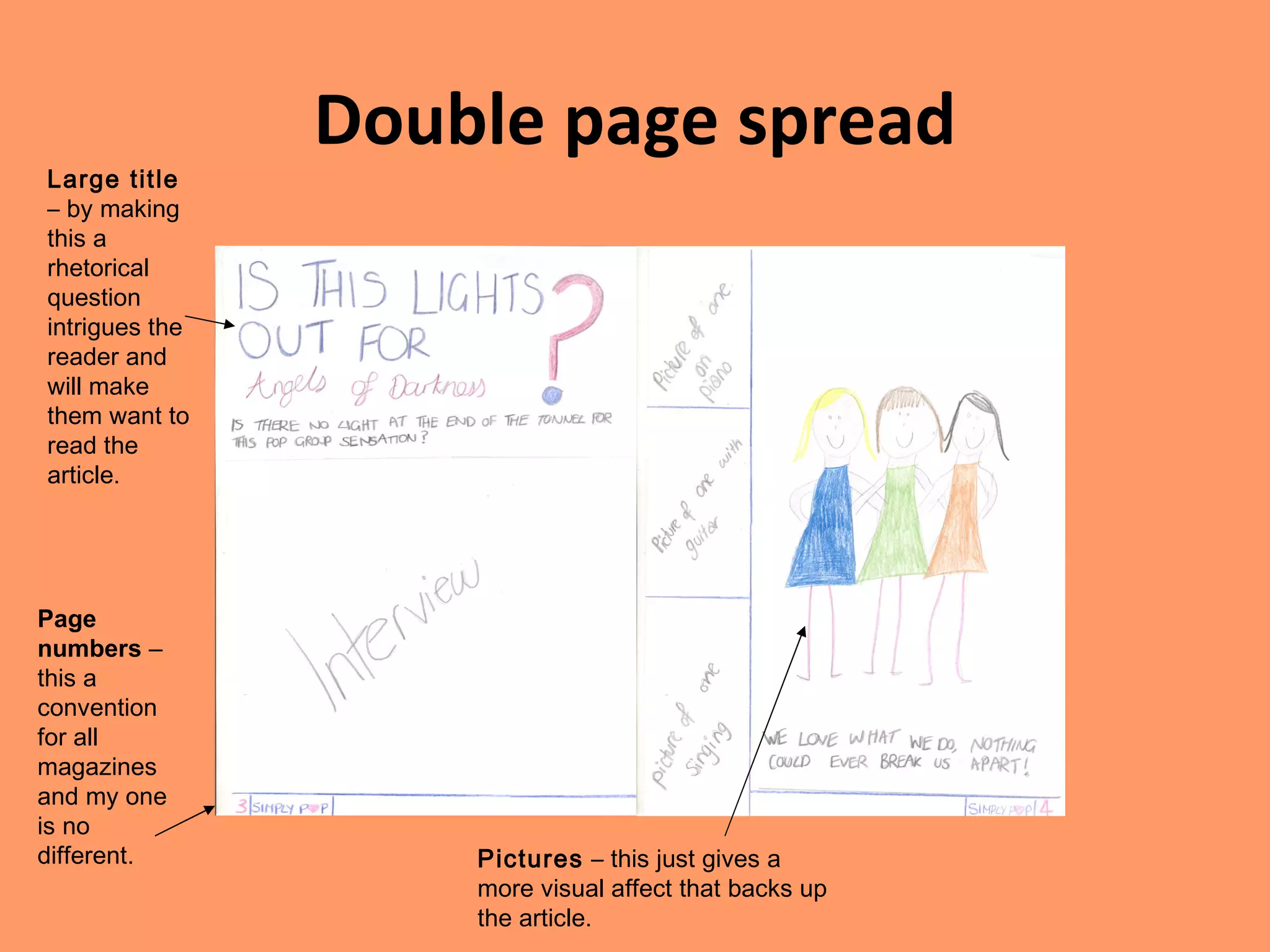 Double page spread Large title  – by making this a rhetorical question intrigues the reader and will make them want to read the article. Pictures  – this just gives a more visual affect that backs up the article. Page numbers  – this a convention for all magazines and my one is no different. 