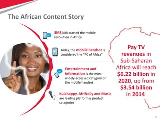 11
The African Content Story
SMS kick-started the mobile
revolution in Africa
Today, the mobile handset is
considered the “PC of Africa”
Entertainment and
information is the most
widely-accessed category on
the mobile handset
Kulahappy, AfriNolly and Music
are leading platforms/ product
categories
Pay TV
revenues in
Sub-Saharan
Africa will reach
$6.22 billion in
2020, up from
$3.54 billion
in 2014
 
