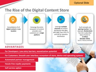 15
The Rise of the Digital Content Store
Consolidation of all
digital content at one
location
Converge the entire
ecosystem of content
providers and
customers on a single
platform
Leverage multiple
channels of content
distribution like Web,
APP, WAP, Text, IPTV, TV
and IVR for seamless
distribution
Such concepts are
gaining traction. For
example, Shutterstock
has net a subscriber
base of close to
2 million
(October 2015).
Source: Industry estimates
ADVANTAGES
For Developers: Low entry barriers; monetization potential
For Customers: Smooth user interface; ecosystem of store, device and operating systems
Automated partner management
Hassle-free royalty payments
Self-service option
Optional Slide
 