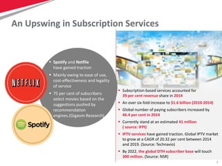 3
An Upswing in Subscription Services
 Subscription-based services accounted for
39 per cent revenue share in 2014
 An over six-fold increase to $1.6 billion (2010-2014)
 Global number of paying subscribers increased by
46.4 per cent in 2014
 Currently stand at an estimated 41 million
( source: IFPI)
 IPTV services have gained traction. Global IPTV market
to grow at a CAGR of 20.32 per cent between 2014
and 2019. (Source: Technavio)
 By 2022, the global DTH subscriber base will touch
300 million. (Source: NSR)
 Spotify and Netflix
have gained traction
 Mainly owing to ease of use,
cost-effectiveness and legality
of service
 75 per cent of subscribers
select movies based on the
suggestions pushed by
recommendation
engines.(Gigaom Research)
 