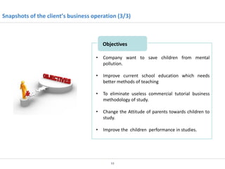 Snapshots of the client’s business operation (3/3)

Objectives
•

Company want to save children from mental
pollution.

•

Improve current school education which needs
better methods of teaching

•

To eliminate useless commercial tutorial business
methodology of study.

•

Change the Attitude of parents towards children to
study.

•

Improve the children performance in studies.

11

 