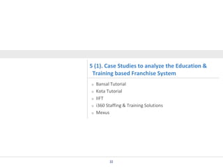 5 (1). Case Studies to analyze the Education &
Training based Franchise System
Bansal Tutorial
Kota Tutorial
IIFT
i360 Staffing & Training Solutions
Mexus

22

 