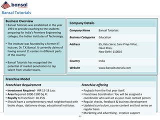 Bansal Tutorials
Business Overview
• Bansal Tutorials was established in the year
1991 to provide coaching to the students
preparing for India’s Premiere Engineering
colleges, the Indian Institutes of Technology.

Company Details
Company Name

Bansal Tutorials

Business Categories

Education

• The institute was founded by a former IIT
lecturer, Dr. T.K.Bansal. It currently claims of
having around 11 centers in different parts
of the country.

Address

65, Kalu Sarai, Sarv Priya Vihar,
Hauz Khas,
New Delhi-110016

• Bansal Tutorials has recognized the
potential of market penetration to tap
talent from smaller towns.

Country

India

Website

www.bansaltutorials.com

Franchise Model
Franchisee Requirement

Franchise offering

• Investment Required - INR 15-18 Lacs
• Area Required-1000-1500 Sq.Ft.
• Royalty to franchisor: 10-15%
• Should have a complementary retail neighborhood with
books shops, stationery shops, educational institutes.

• Payback from the first year itself.
• Franchisee Coordinator: You will be assigned a
coordinator who will act as your main contact person
• Regular checks, feedback & business development
• Updated curriculum, course content and test series on
regular basis
• Marketing and advertising - creative support
23

 