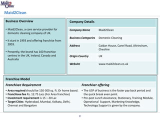 Maid2Clean
Business Overview

Company Details

• Maid2Clean, a core service provider for
domestic cleaning company of UK.

Company Name

Maid2Clean

Business Categories

Domestic Cleaning

Address

Caidan House, Canel Road, Altrincham,
Cheshire

Origin Country

UK

Website

www.maid2clean.co.uk

• It start in 1993 and offering franchise from
2003.
• Presently, the brand has 160 franchise
centres in the UK, Ireland, Canada and
Australia

Franchise Model
Franchisee Requirement

Franchiser offering

• Area required should be 150-300 sq. ft. Or home based.
• Franchisee fee Rs. 12.75 Lacs (For Area franchise)
• Investment requirement is 15 – 20 Lac
• Target Cities: Hyderabad, Mumbai, Kolkata, Delhi,
Chennai and Bangalore

• The USP of business is the faster pay back period and
the quick break even point.
• Pre-post Lunch Assistance, Stationary, Training Module,
Operational Support, Marketing Knowledge,
Technology Support is given by the company.
31

 