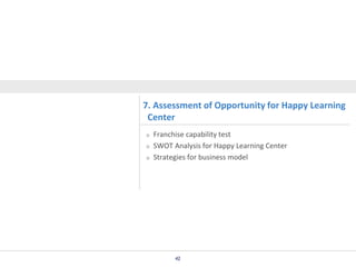 7. Assessment of Opportunity for Happy Learning
Center
Franchise capability test
SWOT Analysis for Happy Learning Center
Strategies for business model

42

 