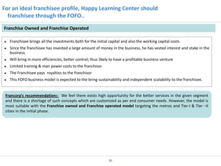 For an ideal franchisee profile, Happy Learning Center should
franchisee through the FOFO..
Franchise Owned and Franchise Operated
●

Franchisee brings all the investments both for the initial capital and also the working capital costs.

●

Since the franchisee has invested a large amount of money in the business, he has vested interest and stake in the
business.

●

Will bring in more efficiencies, better control; thus likely to have a profitable business venture

●

Limited training & man power costs to the franchisor

●

The Franchisee pays royalties to the franchisor

●

This FOFO business model is expected to the bring sustainability and independent scalability to the franchisee.

Francorp’s recommendations: We feel there exists high opportunity for the better services in the given segment
and there is a shortage of such concepts which are customized as per end consumer needs. However, the model is
most suitable with the Franchise owned and Franchise operated model targeting the metros and Tier-I & Tier –II
cities in the initial phase.

51

 