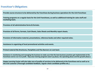 Franchisor’s Obligations
Provide course structure to be delivered by the franchisee during business operations for the Unit franchisee
Training programs on a regular basis for the Unit Franchisees, as well as additional training for sales stuff and
marketing team.
Provision of all administrative forms & formats.
Provision of all forms, formats, Cash Sheets, Sales Sheets and Monthly report sheets.
Provision of informative material, presentations, reference books and other required notes.

Assistance in organizing of local promotional activities and events.
Printed material like Brochures, Pamphlets and Flex Banners on cost basis
Assistance in monitoring and managing the business to make sure that the best business practices get implemented at the
franchisee end to run it on profit. Step wise training programs (start-up phase, the operating phase and the growth phase.)

Happy Learning Center will also take care of quality of services to be delivered at the franchisee end as well as to
the end customer (Thorough candidate feedback, regular check candidate profiles etc.)
64

 