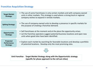 Franchise Acquisition Strategy
Target Market
Strategy:

• The use of some franchisees in only certain markets and with company-owned
units in other markets. This strategy is used where a strong local or regional
company wishes to expand in remote markets.

Spiking Strategy:

• The use of company-owned units to develop a presence in specific markets for
the purpose of creating a franchise demand.

Opportunistic
Strategy:

• Sell franchisees at the moment and at the place the opportunity arises.
• Let the franchise operators suggest potential business locations and open new
units when good sites have been identified.

Projected
Performance
Strategy:

• Explore each market by searching for favorable locations and develop a portfolio
of potential locations. Develop only the most promising sites.

Unit Franchise : Target Market Strategy along with the Opportunistic strategy
(specific for phase approach to the roll out cities)

69

 