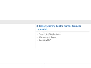 3. Happy Learning Center current business
snapshot
Snapshots of the business
Management Team
Company USP

8

 