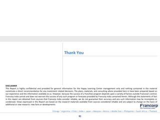 Thank You

DISCLAIMER
This Report is highly confidential and provided for general information for the Happy Learning Center management only and nothing contained in the material
constitutes a direct recommendation for any investment related decisions. The plans, materials, and consulting advice provided here in have been prepared based on
our experience and the information available to us. However, because the success of a franchise program depends upon a variety of factors outside Francorp's control,
Francorp India cannot and does not warrant the success of any such program or forecasts provided by Francorp India contained herein. Although the statements of fact
in this report are obtained from sources that Francorp India consider reliable, we do not guarantee their accuracy and any such information may be incomplete or
condensed. Views expressed in this Report are based on the research materials available from sources considered reliable and are subject to change on the basis of
additional or new research, new facts or developments.
Chicago * Argentina • Chile • India • Japan • Malaysia • Mexico • Middle East • Philippines • South Africa • Thailand

80

 