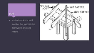 Joist
 Is a horizontal structural
member that supports the
floor system or ceiling
system
 