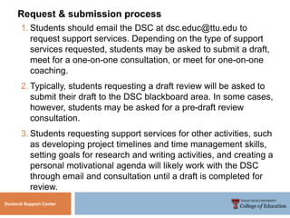 Doctoral Support Center
1. Students should email the DSC at dsc.educ@ttu.edu to
request support services. Depending on the type of support
services requested, students may be asked to submit a draft,
meet for a one-on-one consultation, or meet for one-on-one
coaching.
2. Typically, students requesting a draft review will be asked to
submit their draft to the DSC blackboard area. In some cases,
however, students may be asked for a pre-draft review
consultation.
3. Students requesting support services for other activities, such
as developing project timelines and time management skills,
setting goals for research and writing activities, and creating a
personal motivational agenda will likely work with the DSC
through email and consultation until a draft is completed for
review.
Request & submission process
 