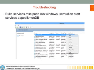 Kementerian Pendidikan dan Kebudayaan
Direktorat Jenderal Pendidikan Menengah
Troubleshooting
• Buka services.msc pada run windows, kemudian start
services dapodikmenDB
 