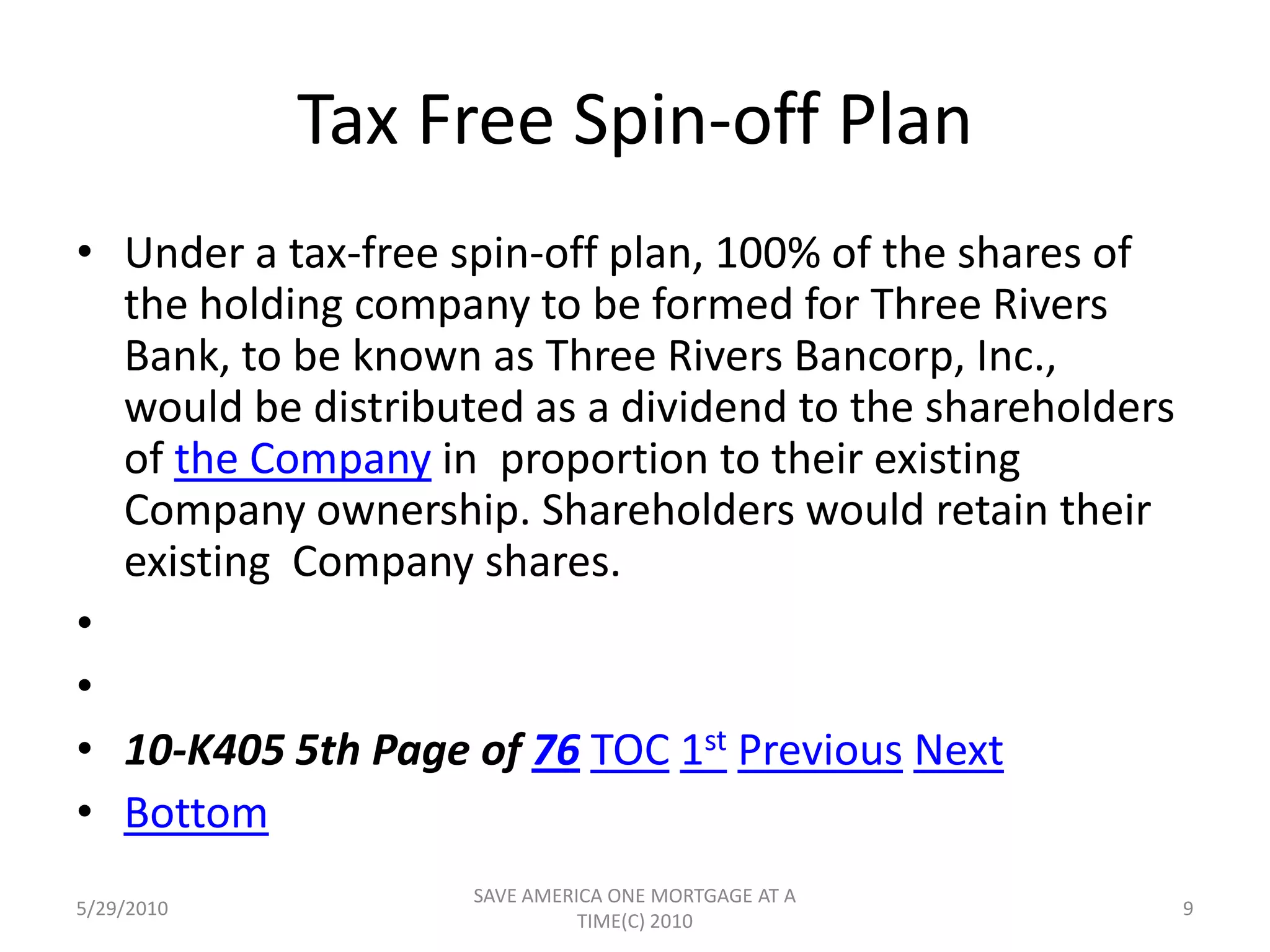 US BANK/DEIn October 1998, U.S. Bank changed its charter from a national bank to a state bank. Under the new charter U.S. Bank is subject to supervision and   regular examination by the Federal Reserve and the Pennsylvania Department of Banking. Various federal and state laws and regulations govern many aspects of its banking operations. The following is a summary of key data (dollars in  thousands) and ratios at December 31, 1999:5/29/20107SAVE AMERICA ONE MORTGAGE AT A TIME(C) 2010