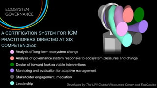 A CERTIFICATION SYSTEM FOR             ICM
PRACTITIONERS DIRECTED AT SIX
COMPETENCIES:
    Analysis of long-term ecosystem change
    Analysis of governance system responses to ecosystem pressures and change
    Design of forward looking viable interventions
    Monitoring and evaluation for adaptive management
    Stakeholder engagement, mediation
    Leadership                       Developed by The URI Coastal Resources Center and EcoCostas
 