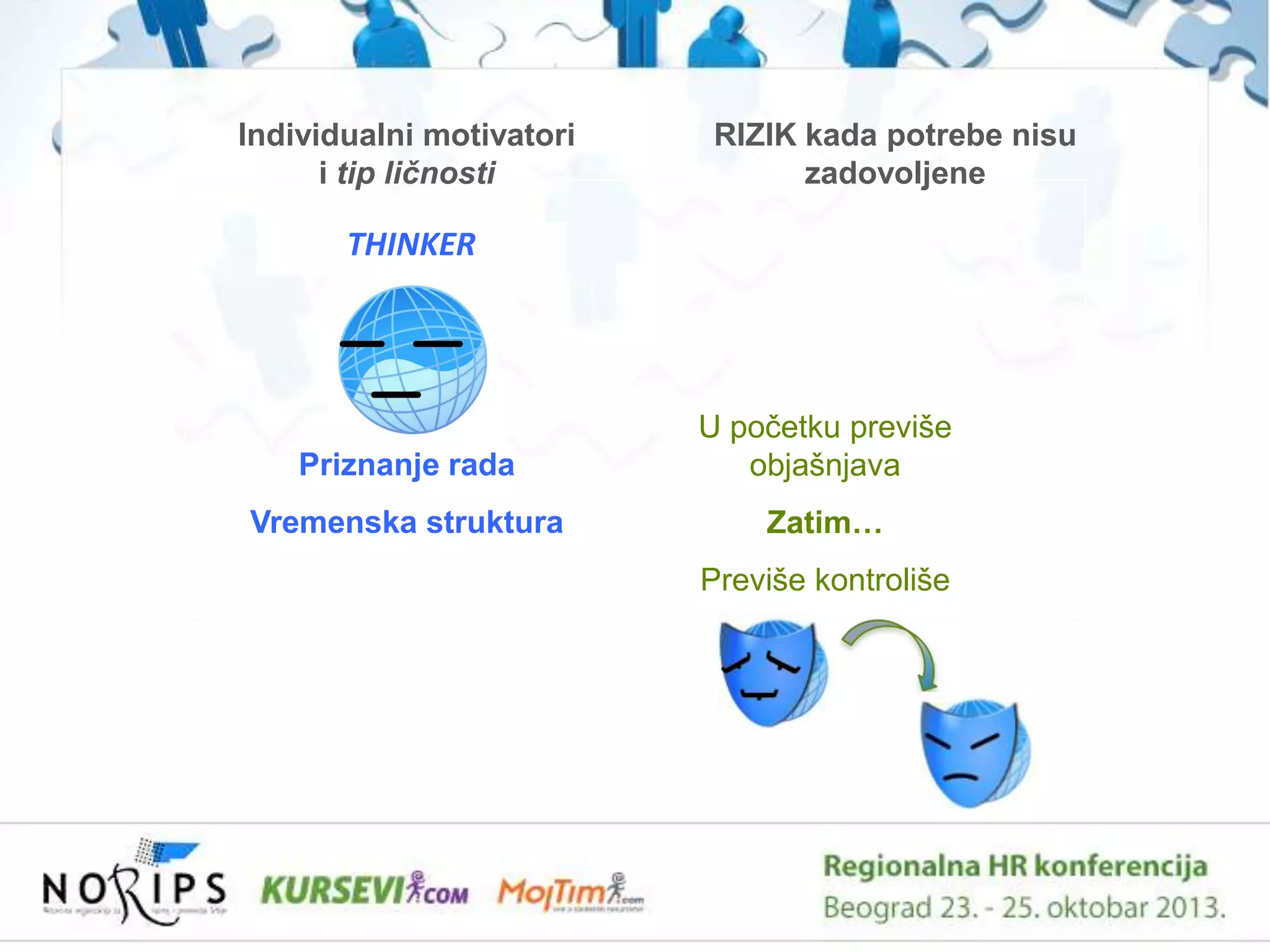 Individualni motivatori
i tip ličnosti

RIZIK kada potrebe nisu
zadovoljene

THINKER

Priznanje rada

U poĉetku previše
objašnjava

Vremenska struktura

Zatim…
Previše kontroliše

 