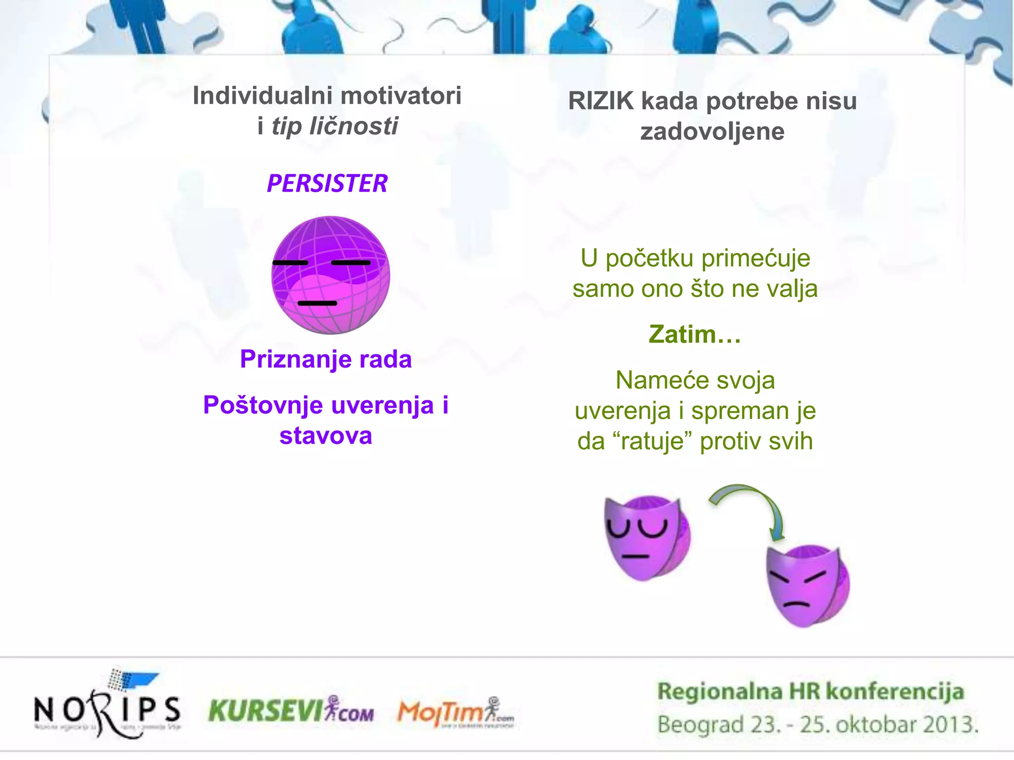 Individualni motivatori
i tip ličnosti

RIZIK kada potrebe nisu
zadovoljene

PERSISTER
U poĉetku primećuje
samo ono što ne valja
Zatim…
Priznanje rada
Poštovnje uverenja i
stavova

Nameće svoja
uverenja i spreman je
da “ratuje” protiv svih

 
