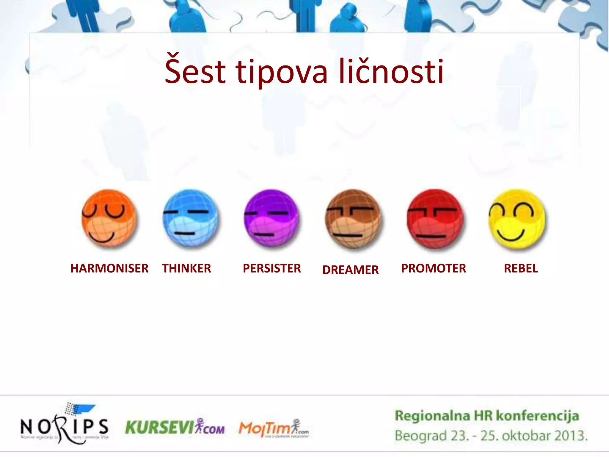 Šest tipova ličnosti

HARMONISER THINKER

PERSISTER

DREAMER

PROMOTER

REBEL

 