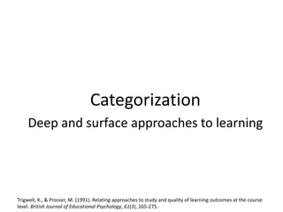 Categorization
Deep and surface approaches to learning
Trigwell, K., & Prosser, M. (1991). Relating approaches to study and quality of learning outcomes at the course
level. British Journal of Educational Psychology, 61(3), 265-275.
 