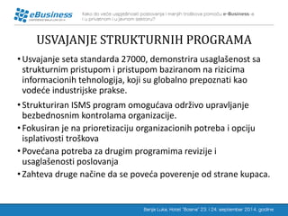 USVAJANJE STRUKTURNIH PROGRAMA 
•Usvajanje seta standarda 27000, demonstrira usaglašenost sa strukturnim pristupom i pristupom baziranom na rizicima informacionih tehnologija, koji su globalno prepoznati kao vodeće industrijske prakse. 
•Strukturiran ISMS program omogućava održivo upravljanje bezbednosnim kontrolama organizacije. 
•Fokusiran je na prioretizaciju organizacionih potreba i opciju isplativosti troškova 
•Povećana potreba za drugim programima revizije i usaglašenosti poslovanja 
•Zahteva druge načine da se poveća poverenje od strane kupaca.  
