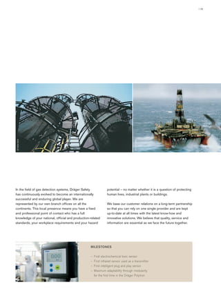 In the field of gas detection systems, Dräger Safety
has continuously evolved to become an internationally
successful and enduring global player. We are
represented by our own branch offices on all the
continents. This local presence means you have a fixed
and professional point of contact who has a full
knowledge of your national, official and production-related
standards, your workplace requirements and your hazard
potential – no matter whether it is a question of protecting
human lives, industrial plants or buildings.
We base our customer relations on a long-term partnership
so that you can rely on one single provider and are kept
up-to-date at all times with the latest know-how and
innovative solutions. We believe that quality, service and
information are essential as we face the future together.
| 03
ST-765-2004ST-6054-2004
STL-271-2004
 