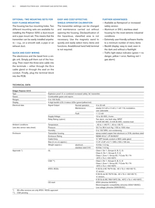 DRÄGER POLYTRON 5310 - STATIONARY 02 | GAS DETECTOR (DSIR) 
OPTIONAL: TWO MOUNTING SETS FOR 
EASY FLANGE-MOUNTING 
The housing has four mounting holes. Two 
different mounting sets are available for 
installing the Polytron 5310: a duct-mount 
and a pipe mount set. This means that the 
transmitter can be easily installed anywhe-re 
– e.g., on a smooth wall, a pipe or an 
exhaust duct. 
QUICK AND EASY WIRING 
The electronics and the bezel form a sin-gle 
unit. Simply pull them out of the hou-sing. 
Then insert the three-wire cable into 
the terminals – either through the Ex-e 
cable gland or through the seal on the 
conduit. Finally, plug the terminal block 
into the PCB. 
EASY AND COST-EFFECTIVE: 
SINGLE-OPERATOR CALIBRATION 
The transmitter settings can be changed 
and maintenance carried out without 
opening the housing. Declassification of 
the hazardous, classified area is not 
necessary. Use the magnetic wand to 
quickly and easily select menu items and 
functions. Anadditional hand held terminal 
is not required. 
FURTHER ADVANTAGES: 
– Available as flameproof or increased 
safety version 
– Aluminum or 316 L stainless steel 
housing for the most extreme industrial 
conditions 
– Extremely user-friendly software thanks 
to a minimum number of menu items 
– Backlit display: easy to read, even in 
the dark and without a flashlight 
– Traffic light status indicator (green = no 
danger, yellow = error, flashing red = 
gas alarm) 
TECHNICAL DATA 
Dräger Polytron 5310 
Type Explosion proof ‘d’ or combined increased safety ‘de’ transmitter 
Gases Combustible gases and vapors 
Ranges 0 to 100 %LEL 
Display 4-digit backlit LCD; 3 status LEDs (green/yellow/red) 
Electrical data Signal Output Normal operation 4 to 20 mA 
Maintenance steady 3.4 mA or 4 mA ± 1 mA 1 Hz modulation; 
user selectable 
Fault < 1.2 mA 
Supply Voltage 10 to 30 VDC, 3-wire 
Relay Rating (option) Two alarm, one fault relay, SPDT 
5 A @ 230 VAC, 5 A @ 30 VDC, resistive load 
Ambient conditions Temperature - 40 to + 149 °F / - 40 to + 65 °C 
(see also sensor data sheet) Pressure 20.7 to 38.4 inch Hg / 700 to 1300 mbar 
Humidity 0 to 100 %RH, non-condensing 
Enclosure Transmitter housing epoxy-coated copper free aluminum or 316L stainless steel 
Enclosure Rating NEMA 4X & 7, IP 65/66/67 
Cable Entry ¾” NPT female conduit or M20 cable gland 
Size (l x w x d, approx.) 11.6” x 5.8” x 5.1” / 295 x 150 x 130 mm 
Weight (approx.) aluminum 4.9 lbs / 2.2 kg 
stainless steel 316 8.8 lbs / 4.0 kg 
Approvals *) UL Class I, Div 1, Groups A, B, C, D; 
Class II, Div 1, Groups E, F, G 
Class I, Zone 1, Group IIC; T-Code T6 / T4 
-40°C ≤ Ta ≤ +40/+65°C 
CSA **) Class I, Div 1, Groups A, B, C, D 
Class I, Zone 1, Group IIC; T-Code T6 / T4 
-40°C ≤ Ta ≤ +40/+65°C 
ATEX, IECEx II 2G Ex d IIC T6/T4 Gb, -40 ≤ Ta ≤ +40/+65 °C; 
‘d’ version 
II 2G Ex de IIC T6/T4 Gb, -40 ≤ Ta ≤ +40/+65 °C; 
‘e’ version; 
II 2D Ex tb IIIC T80/130°C Db, -40°C ≤ Ta ≤ +40/+65°C 
CE-mark ATEX (directive 94/9/EC) 
Electromagnetic compatibility (directive 2004/108/EC) 
Low voltage (directive 2006/95/EC) 
*) All e-Box versions are only ATEX / IECEx approved 
**) CSA pending 
 
