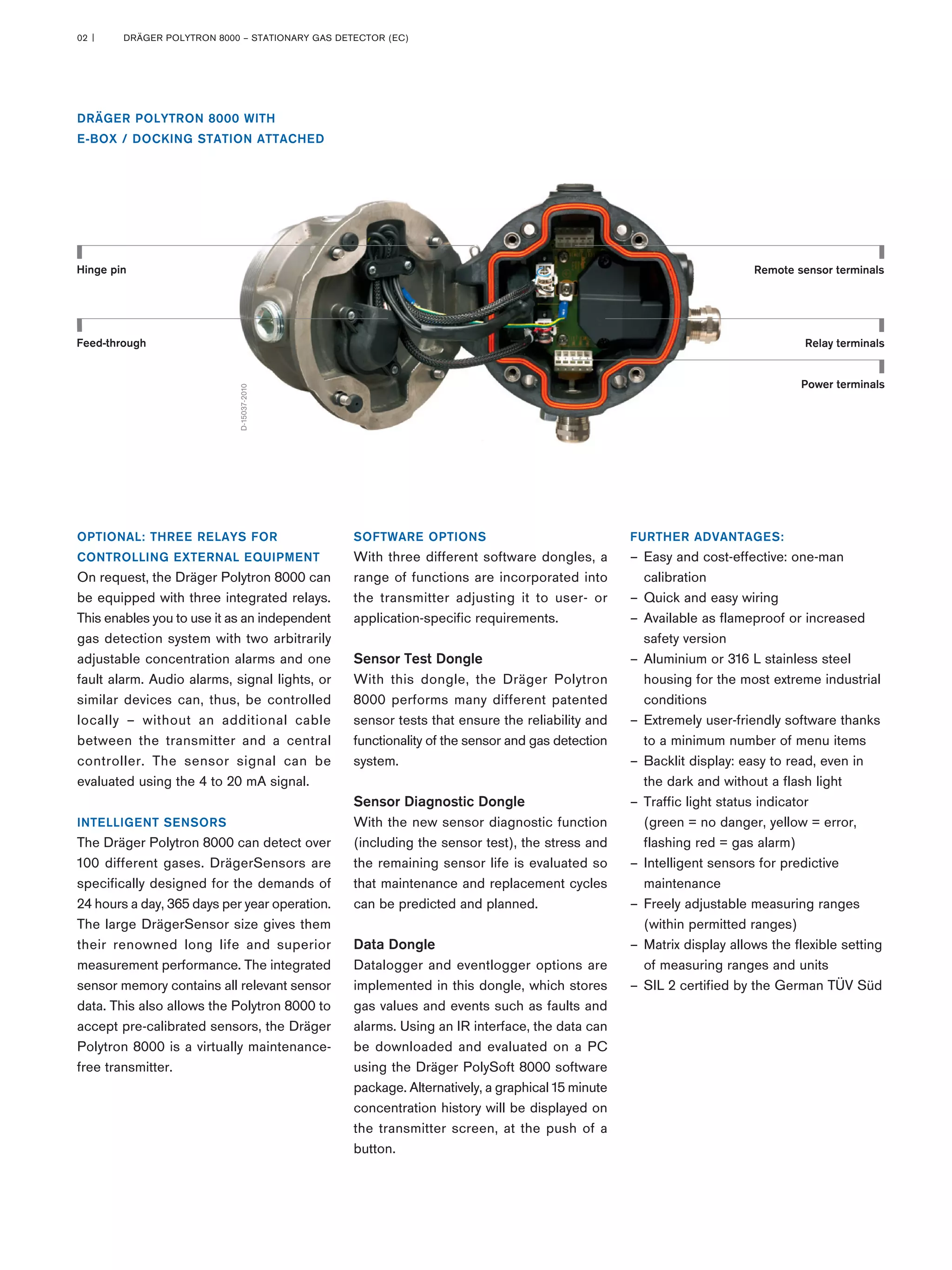DRÄGER POLYTRON 8000 – STATIONARY GAS DETECTOR (EC) 
02 | 
Remote sensor terminals 
Relay terminals 
Power terminals 
Hinge pin 
Feed-through 
DRÄGER POLYTRON 8000 WITH 
E-BOX / DOCKING STATION ATTACHED 
OPTIONAL: THREE RELAYS FOR 
CONTROLLING EXTERNAL EQUIPMENT 
On request, the Dräger Polytron 8000 can be equipped with three integrated relays. This enables you to use it as an independent gas detection system with two arbitrarily adjustable concentration alarms and one fault alarm. Audio alarms, signal lights, or similar devices can, thus, be controlled locally – without an additional cable between the transmitter and a central 
controller. The sensor signal can be 
evaluated using the 4 to 20 mA signal. 
INTELLIGENT SENSORS 
The Dräger Polytron 8000 can detect over 100 different gases. DrägerSensors are specifically designed for the demands of 24 hours a day, 365 days per year operation. The large DrägerSensor size gives them their renowned long life and superior 
measurement performance. The integrated sensor memory contains all relevant sensor data. This also allows the Polytron 8000 to accept pre-calibrated sensors, the Dräger Polytron 8000 is a virtually maintenance- free transmitter. 
SOFTWARE OPTIONS 
With three different software dongles, a range of functions are incorporated into the transmitter adjusting it to user- or application-specific requirements. 
Sensor Test Dongle 
With this dongle, the Dräger Polytron 8000 performs many different patented sensor tests that ensure the reliability and functionality of the sensor and gas detection system. 
Sensor Diagnostic Dongle 
With the new sensor diagnostic function (including the sensor test), the stress and the remaining sensor life is evaluated so that maintenance and replacement cycles can be predicted and planned. 
Data Dongle 
Datalogger and eventlogger options are implemented in this dongle, which stores gas values and events such as faults and alarms. Using an IR interface, the data can be downloaded and evaluated on a PC using the Dräger PolySoft 8000 software package. Alternatively, a graphical 15 minute concentration history will be displayed on the transmitter screen, at the push of a button. 
FURTHER ADVANTAGES: 
––Easy and cost-effective: one-man calibration 
––Quick and easy wiring 
––Available as flameproof or increased safety version 
––Aluminium or 316 L stainless steel housing for the most extreme industrial conditions 
––Extremely user-friendly software thanks to a minimum number of menu items 
––Backlit display: easy to read, even in the dark and without a flash light 
––Traffic light status indicator 
(green = no danger, yellow = error, flashing red = gas alarm) 
––Intelligent sensors for predictive maintenance 
––Freely adjustable measuring ranges (within permitted ranges) 
––Matrix display allows the flexible setting of measuring ranges and units 
––SIL 2 certified by the German TÜV Süd 
D-15037-2010  