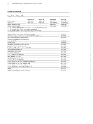 ORDER INFORMATION 
Dräger Polytron 8720 Type CO2 
Aluminum ‘d’ SS316L ‘d’ Aluminum ‘e’ SS316L ‘e’ 
Without relays 45 44 709 45 44 718 45 44 727**) 45 44 736**) 
With relays 45 44 710 45 44 719 45 44 728***) 45 44 737***) 
Remote version w/o relays 45 44 745*) 45 44 754*) 
Remote version w/ relays 45 44 746*) 45 44 755*) 
*) Order Dräger PIR 7200 Remote ‘e’ Version and e-Box 68 12 275 separately. 
**) Order e-Box 68 12 420 for power only wires separately. 
***) Order e-Box 68 12 275 for power and/or relay wires separately. 
Magnetic wand for menu access (blue body, white logo) 45 44 101 
e-Box Power only version (includes 1 cable gland) / Docking Station 68 12 420 
e-Box Power, Relay and/or Remote version 68 12 275 
(includes 2 cable glands) / Docking Station 
Cable Gland e-Box 68 12 868 
Pipe Mount Kit 45 44 198 
Duct Mount Kit Polytron 8720 for PIR 7X00 68 12 300 
Duct Mount Kit Flow Cell for PIR 7X00 68 11 945 
Duct Mount Kit Bump Test Adapter for PIR 7X00 68 11 990 
Status Indicator for PIR 7200 68 11 920 
Splash Guard for PIR 7200 68 11 912 
Flow Cell for PIR 7200 68 11 910 
Bump Test Adapter for PIR 7200 68 11 930 
Insect Guard for PIR 7X00 68 11 609 
Hydrophobic Filter for PIR 7X00 68 11 890 
Calibration Adapter for PIR 7X00 68 11 610 
Process Adapter for PIR 7X00, POM (Polyoxymethylene) 68 11 915 
Process Adapter for PIR 7X00, Stainless Steel 68 11 415 
Junction Box Aluminium for Remote Mount ‘d’ 45 44 099 
Junction Box Stainless Steel for Remote Mount ‘d’ 45 44 098 
Spacer 68 12 617 
Dräger PIR 7200 CO2 for Remote ‘e’ Version 68 12 290 
DRÄGER POLYTRON 8720 - STATIONARY GAS DETECTOR (PIR 7200) 
04 | 
90 41 537 | 07.12-1 | Marketing Communications | PP | PR | LE | Printed in Germany | Chlorine-free – environmentally compatible | Subject to modifications | © 2012 Drägerwerk AG & Co. KGaA 
Tel: +44 (0)191 490 1547 
Fax: +44 (0)191 477 5371 
Email: northernsales@thorneandderrick.co.uk 
Website: www.heattracing.co.uk www.thorneanderrick.co.uk 

