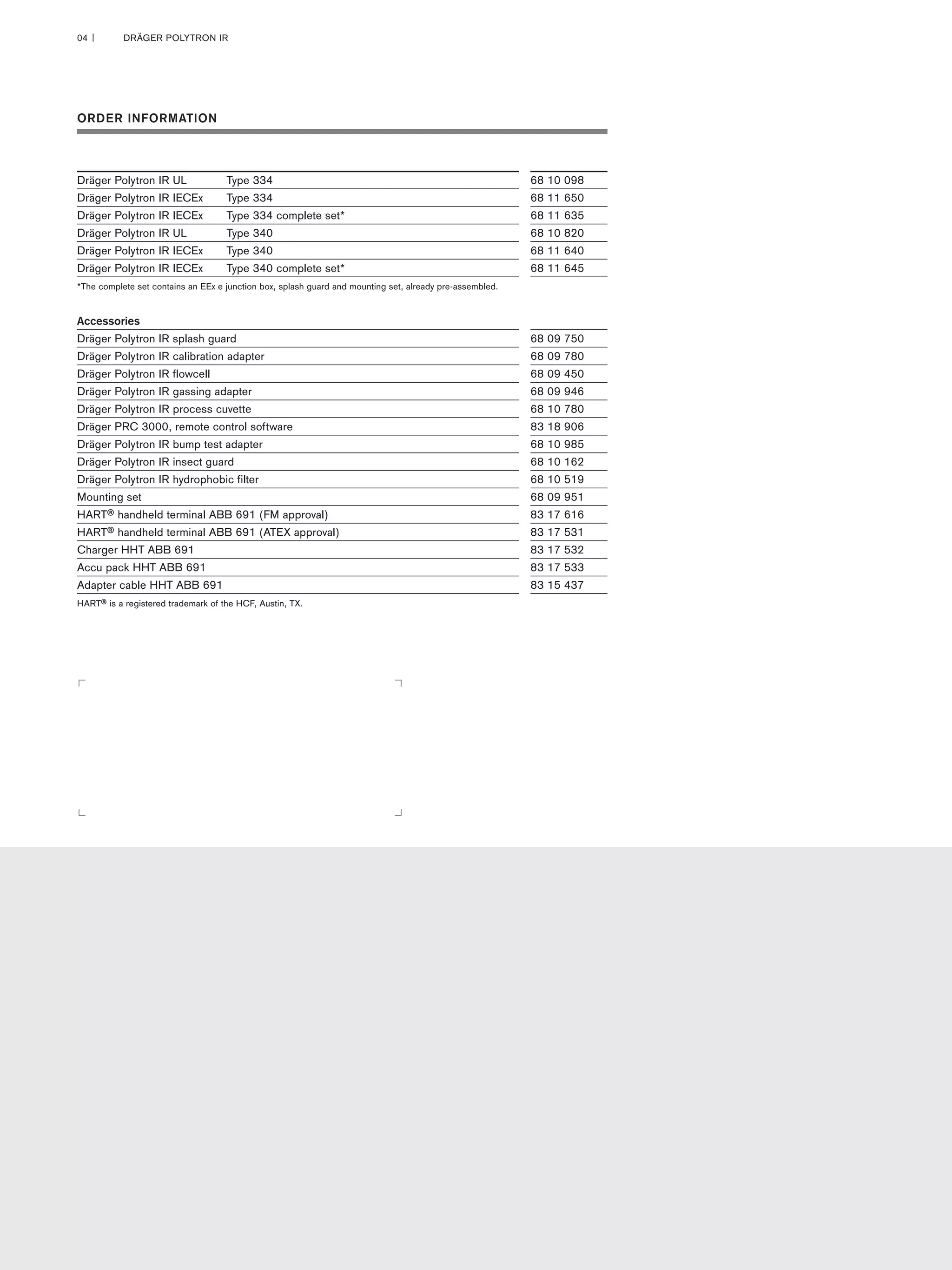 04 | DRÄGER POLYTRON IR 
ORDER INFORMATION 
Dräger Polytron IR UL Type 334 68 10 098 
Dräger Polytron IR IECEx Type 334 68 11 650 
Dräger Polytron IR IECEx Type 334 complete set* 68 11 635 
Dräger Polytron IR UL Type 340 68 10 820 
Dräger Polytron IR IECEx Type 340 68 11 640 
Dräger Polytron IR IECEx Type 340 complete set* 68 11 645 
*The complete set contains an EEx e junction box, splash guard and mounting set, already pre-assembled. 
Accessories 
Dräger Polytron IR splash guard 68 09 750 
Dräger Polytron IR calibration adapter 68 09 780 
Dräger Polytron IR flowcell 68 09 450 
Dräger Polytron IR gassing adapter 68 09 946 
Dräger Polytron IR process cuvette 68 10 780 
Dräger PRC 3000, remote control software 83 18 906 
Dräger Polytron IR bump test adapter 68 10 985 
Dräger Polytron IR insect guard 68 10 162 
Dräger Polytron IR hydrophobic filter 68 10 519 
Mounting set 68 09 951 
HART® handheld terminal ABB 691 (FM approval) 83 17 616 
HART® handheld terminal ABB 691 (ATEX approval) 83 17 531 
Charger HHT ABB 691 83 17 532 
Accu pack HHT ABB 691 83 17 533 
Adapter cable HHT ABB 691 83 15 437 
HART® is a registered trademark of the HCF, Austin, TX. 
Tel: +44 (0)191 490 1547 
Fax: +44 (0)191 477 5371 
Email: northernsales@thorneandderrick.co.uk 
Website: www.heattracing.co.uk 
www.thorneanderrick.co.uk 
