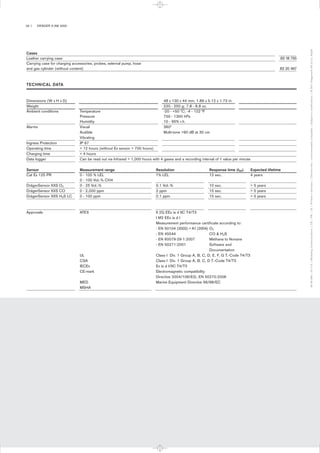 04 | DRÄGER X-AM 2000
Cases
Leather carrying case 83 18 755
Carrying case for charging accessories, probes, external pump, hose
and gas cylinder (without content) 83 20 467
TECHNICAL DATA
Dimensions (W x H x D) 48 x 130 x 44 mm; 1.89 x 5.12 x 1.73 in.
Weight 220 - 250 g; 7.8 - 8.8 oz.
Ambient conditions Temperature -20 - +50 °C; -4 - 122 °F
Pressure 700 - 1300 hPa
Humidity 10 - 95% r.h.
Alarms Visual 360°
Audible Multi-tone >90 dB at 30 cm
Vibrating
Ingress Protection IP 67
Operating time > 12 hours (without Ex sensor > 700 hours)
Charging time < 4 hours
Data logger Can be read out via Infrared > 1,000 hours with 4 gases and a recording interval of 1 value per minute
Sensor Measurement range Resolution Response time (t90) Expected lifetime
Cat Ex 125 PR 0 - 100 % LEL 1% LEL 12 sec. 4 years
0 - 100 Vol.-% CH4
DrägerSensor XXS O2 0 - 25 Vol.-% 0.1 Vol.-% 10 sec. > 5 years
DrägerSensor XXS CO 0 - 2,000 ppm 2 ppm 15 sec. > 5 years
DrägerSensor XXS H2S LC 0 - 100 ppm 0.1 ppm 15 sec. > 5 years
Approvals ATEX II 2G EEx ia d IIC T4/T3
I M2 EEx ia d I
Measurement performance certificate according to:
- EN 50104 (2002) + A1 (2004) O2
- EN 45544 CO & H2S
- EN 60079-29-1:2007 Methane to Nonane
- EN 50271:2001 Software and
Documentation
UL Class I Div. 1 Group A, B, C, D, E, F, G T.-Code T4/T3
CSA Class I Div. 1 Group A, B, C, D T.-Code T4/T3
IECEx Ex ia d I/IIC T4/T3
CE-mark Electromagnetic compatibility
Directive 2004/108/EG; EN 50270:2006
MED Marine Equipment Directive 96/98/EC
MSHA
9046066|07.11-5|MarketingCommunications|CS|PR|LE|PrintedinGermany|Chlorine-free–environmentallycompatible|Subjecttomodifications|©2011DrägerwerkAG&Co.KGaA
Tel: +44 (0)191 490 1547
Fax: +44 (0)191 477 5371
Email: northernsales@thorneandderrick.co.uk
Website: www.heattracing.co.uk
www.thorneanderrick.co.uk
 