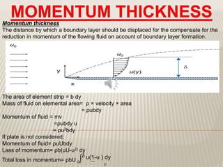 Momentum thickness
The distance by which a boundary layer should be displaced for the compensate for the
reduction in momentum of the flowing fluid on account of boundary layer formation.
The area of element strip = b dy
Mass of fluid on elemental area= ρ × velocity × area
= ρubdy
Momentum of fluid = mv
=ρubdy u
= ρu2bdy
If plate is not considered;
Momentum of fluid= ρuUbdy
Lass of momentum= ρb(uU-u2) dy
Total loss in momentum= ρbU 0∫ u(1-u ) dy
U
 