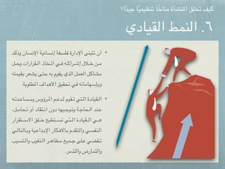 ‫القيادي‬ ‫النمط‬ .٦
‫ك‬p‫ل‬‫وذ‬ ‫سان‬p‫ن‬‫اإل‬ ‫ية‬p‫ن‬‫سا‬p‫ن‬‫إ‬ ‫لسفة‬p‫ف‬ ‫اإلدارة‬ ‫تبنى‬p‫ت‬ ‫أن‬
‫ل‬ppppp‫ح‬‫و‬ ‫قرارات‬ppppp‫ل‬‫ا‬ ‫خاذ‬ppppp‫ت‬‫ا‬ ‫ي‬ppppp‫ف‬ ‫ه‬ppppp‫ك‬‫را‬ppppp‫ش‬‫إ‬ ‫الل‬ppppp‫خ‬ ‫ن‬ppppp‫م‬
‫قيمته‬p‫ب‬ ‫شعر‬p‫ي‬ ‫تى‬p‫ح‬ ‫ه‬p‫ب‬ ‫قوم‬p‫ي‬ ‫ذي‬p‫ل‬‫ا‬ ‫عمل‬p‫ل‬‫ا‬ ‫ل‬p‫ك‬‫شا‬p‫م‬
.‫املطلوبة‬ ‫األهداف‬ ‫تحقيق‬ ‫في‬ ‫وبإسهاماته‬
‫ه‬pppp‫ت‬‫د‬pppp‫ع‬‫سا‬pppp‫م‬‫و‬ ‫رؤوس‬pppp‫مل‬‫ا‬ ‫م‬pppp‫ع‬‫د‬pppp‫ل‬ ‫قوم‬pppp‫ت‬ ‫تي‬pppp‫ل‬‫ا‬ ‫قيادة‬pppp‫ل‬‫ا‬
،‫ل‬pppp‫م‬‫حا‬pppp‫ت‬ ‫أو‬ ‫تقاد‬pppp‫ن‬‫ا‬ ‫دون‬ ‫يهه‬pppp‫ج‬‫و‬pppp‫ت‬‫و‬ ‫ة‬pppp‫ج‬‫حا‬pppp‫ل‬‫ا‬ ‫ند‬pppp‫ع‬
‫تقرار‬pppppp‫س‬‫اال‬ ‫لق‬pppppp‫خ‬ ‫تطيع‬pppppp‫س‬‫ت‬ ‫تي‬pppppp‫ل‬‫ا‬ ‫قيادة‬pppppp‫ل‬‫ا‬ ‫ي‬pppppp‫ه‬
‫ي‬ppp‫ل‬‫تا‬ppp‫ل‬‫ا‬ppp‫ب‬‫و‬ ‫ية‬ppp‫ع‬‫دا‬ppp‫ب‬‫اإل‬ ‫كار‬ppp‫ف‬‫اال‬ppp‫ب‬ ‫تقدم‬ppp‫ل‬‫وا‬ ‫نفسي‬ppp‫ل‬‫ا‬
‫تسيب‬pppp‫ل‬‫وا‬ ‫تغيب‬pppp‫ل‬‫ا‬ ‫ر‬pppp‫ه‬‫ظا‬pppp‫م‬ ‫ميع‬pppp‫ج‬ ‫لى‬pppp‫ع‬ ‫قضي‬pppp‫ت‬
.‫والتذمر‬ ‫والتمارض‬
‫ا؟‬ً‫د‬‫جي‬ ‫ا‬ً‫ي‬‫تنظيم‬ ‫ا‬ً‫خ‬‫منا‬ ‫املنشأة‬ ‫تخلق‬ ‫كيف‬
 