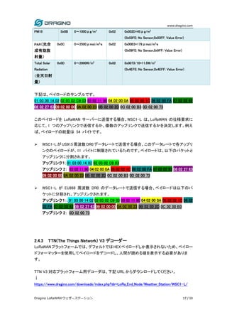 www.dragino.com
Dragino LoRaWAN ウェザーステーション 17 / 59
PM10 0x0B 0～1000μg/m3
0x02 0x002D=45μg/m3
(0x03FE: No Sensor,0x03FF: Value Error)
PAR（光合
成有効放
射量）
0x0C 0～2500μmol/m2
•s 0x02 0x00B3=179μmol/m2
•s
(0x09FE: No Sensor,0x9FF: Value Error)
Total Solar
Radiation
（全天日射
量）
0x0D 0～2000W/m2
0x02 0x0073/10=11.5W/m2
(0x4EFE: No Sensor,0x4EFF: Value Error)
下記は、ペイロードのサンプルです。
01 03 00 14 02 02 03 02 C9 03 03 02 11 90 04 02 00 0A 05 02 02 1C 06 02 00 FA 07 02 02 62
08 02 27 63 09 02 00 00 0A 02 00 23 0B 02 00 2D 0C 02 00 B3 0D 02 00 73
このペイロードを LoRaWAN サーバーに送信する場合、WSC1-L は、LoRaWAN の仕様要求に
応じて、1 つのアップリンクで送信するか、複数のアップリンクで送信するかを決定します。例え
ば、ペイロードの総量は 54 バイトです。
 WSC1-L が US915 周波数 DR0 データレートで送信する場合、このデータレートで各アップリ
ンクのペイロードが、11 バイトに制限されているためです。ペイロードは、以下のパケットと
アップリンクに分割されます。
アップリンク１：01 03 00 14 02 02 03 02 C9 03
アップリンク 2： 03 02 11 90 04 02 00 0A 05 02 02 1C 06 02 00 FA 07 02 02 62 08 02 27 63
09 02 00 00 0A 02 00 23 0B 02 00 2D 0C 02 00 B3 0D 02 00 73
 WSC1-L が EU868 周波数 DR0 のデータレートで送信する場合、ペイロードは以下のパ
ケットに分割され、アップリンクされます。
アップリンク１：: 01 03 00 14 02 02 03 02 C9 03 03 02 11 90 04 02 00 0A 05 02 02 1C 06 02
00 FA 07 02 02 62 08 02 27 63 09 02 00 00 0A 02 00 23 0B 02 00 2D 0C 02 00 B3
アップリンク 2： 0D 02 00 73
2.4.3 TTN(The Things Network) V3 デコーダー
LoRaWANプラットフォームでは、デフォルトではHEXペイロードしか表示されないため、ペイロー
ドフォーマッターを使用してペイロードをデコードし、人間が読める値を表示する必要がありま
す。
TTN V3 対応プラットフォーム用デコーダは、下記 URL からダウンロードしてください。
↓
https://www.dragino.com/downloads/index.php?dir=LoRa_End_Node/Weather_Station/WSC1-L/
 