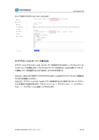 www.dragino.com
Dragino LoRaWAN ウェザーステーション 18 / 59
そして下記ダイアログにコピー&ペーストします。
2.5 アプリケーションサーバーで見える化
アプリケーションプラットフォームは、センサーデータを表示するためのヒューマンフレンドリーな
インターフェースを提供します。TTN V3 にセンサーデータがあれば、TagoIO を使って TTN V3
に接続してデータを確認することができます。以下はその手順です。
ステップ 1: あなたのご利用デバイスがプログラムされ、LoRaWAN ネットワークに正しく接続され
ていることを確認してください。
ステップ 2: アプリケーションから TagoIO にデータを転送するように設定するには、インテグレー
ションを追加する必要があります。TTN V3 コンソール--> アプリケーション --> インテグレー
ション --> インテグレーション追加 にアクセスします。
 