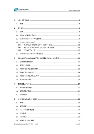 www.dragino.com
Dragino LoRaWAN ウェザーステーション 2 / 59
1. イントロダクション................................................................................................................................................5
1.1 概要.............................................................................................................................................................................5
2. 使い方....................................................................................................................................................................6
2.1 導入.............................................................................................................................................................................6
2.2 どのように動作するか？.....................................................................................................................................8
2.3 LoRaWAN ネットワークに使用例.....................................................................................................................9
2.4 アップリンクペイロード.......................................................................................................................................13
2.4.1 アップリンク FPORT=5,デバイスステータス.................................................................................13
2.4.2 アップリンク FPORT=2, リアルタイムセンサ値..........................................................................16
2.4.3 TTN V3 デコーダー ................................................................................................................................17
2.5 アプリケーションサーバー見える化.............................................................................................................18
3. AT コマンド or LoRaWAN ダウンリンク経由で WSC1-L を設定........................................................20
3.1 送信間隔時間設定.............................................................................................................................................21
3.2 緊急モード設定....................................................................................................................................................22
3.3 RS485 センサを追加/削除 .............................................................................................................................22
3.4 RS485 テストコマンド.........................................................................................................................................24
3.5 RS485 レスポンスタイムアウト ......................................................................................................................24
3.6 センサタイプ設定 ................................................................................................................................................25
4. 電力消費とバッテリ..........................................................................................................................................27
4.1 トータル電力消費................................................................................................................................................27
4.2 電力消費を節約..................................................................................................................................................27
4.3 バッテリー...............................................................................................................................................................27
5. メインプロセスユニット WSC1-L...................................................................................................................28
5.1 特徴..........................................................................................................................................................................28
5.2 電力消費................................................................................................................................................................28
5.3 ストレージと操業温度........................................................................................................................................29
5.4 ピン配置 .................................................................................................................................................................29
5.5 メカニカル...............................................................................................................................................................29
5.6 RS485 センサに接続.........................................................................................................................................30
 